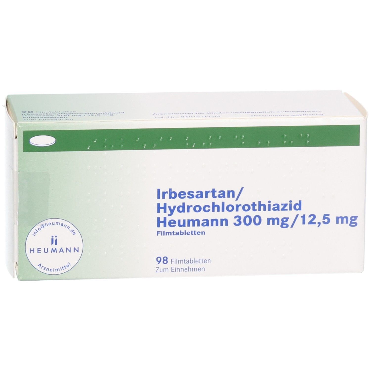 Schachtel mit IRBESARTAN/Hydrochlorothiazid Heumann 300/12,5 mg Filmtabletten. Draufsicht auf die weiße Verpackung mit grünen Details.