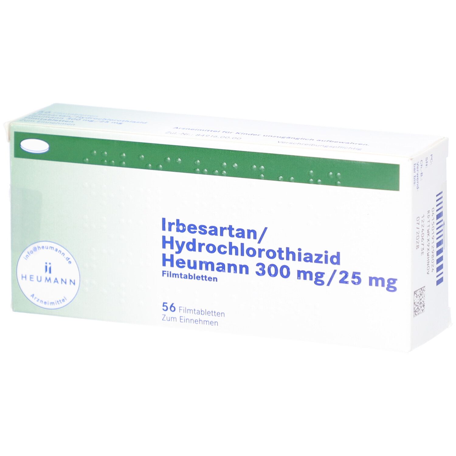 Schachtel mit "Irbesartan/Hydrochlorothiazid Heumann 300 mg/25 mg". 56 Filmtabletten. Heumann-Logo.