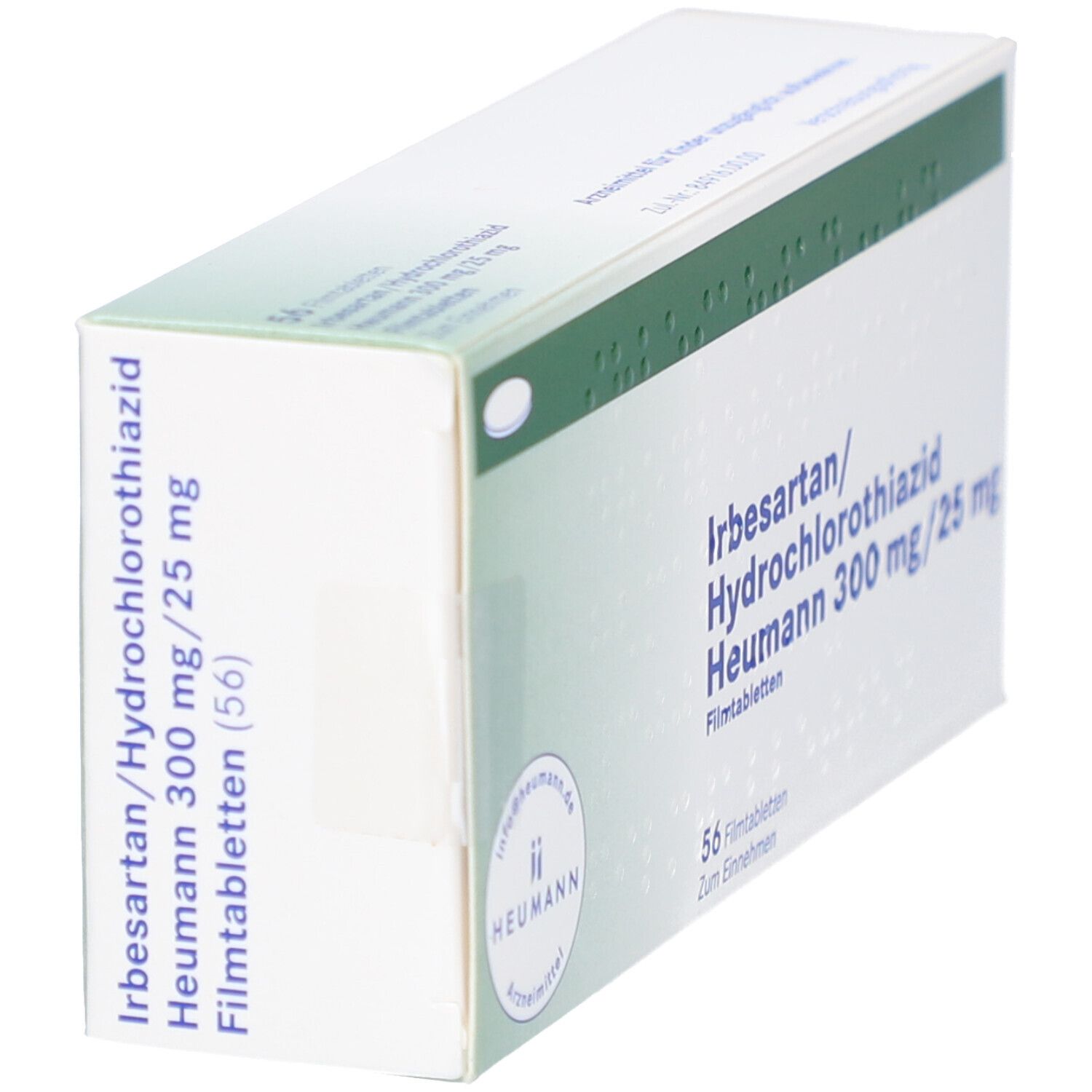 Schachtel "Irbesartan/Hydrochlorothiazid Heumann 300 mg/25 mg". 56 Filmtabletten. Heumann-Logo. Ansicht von oben.