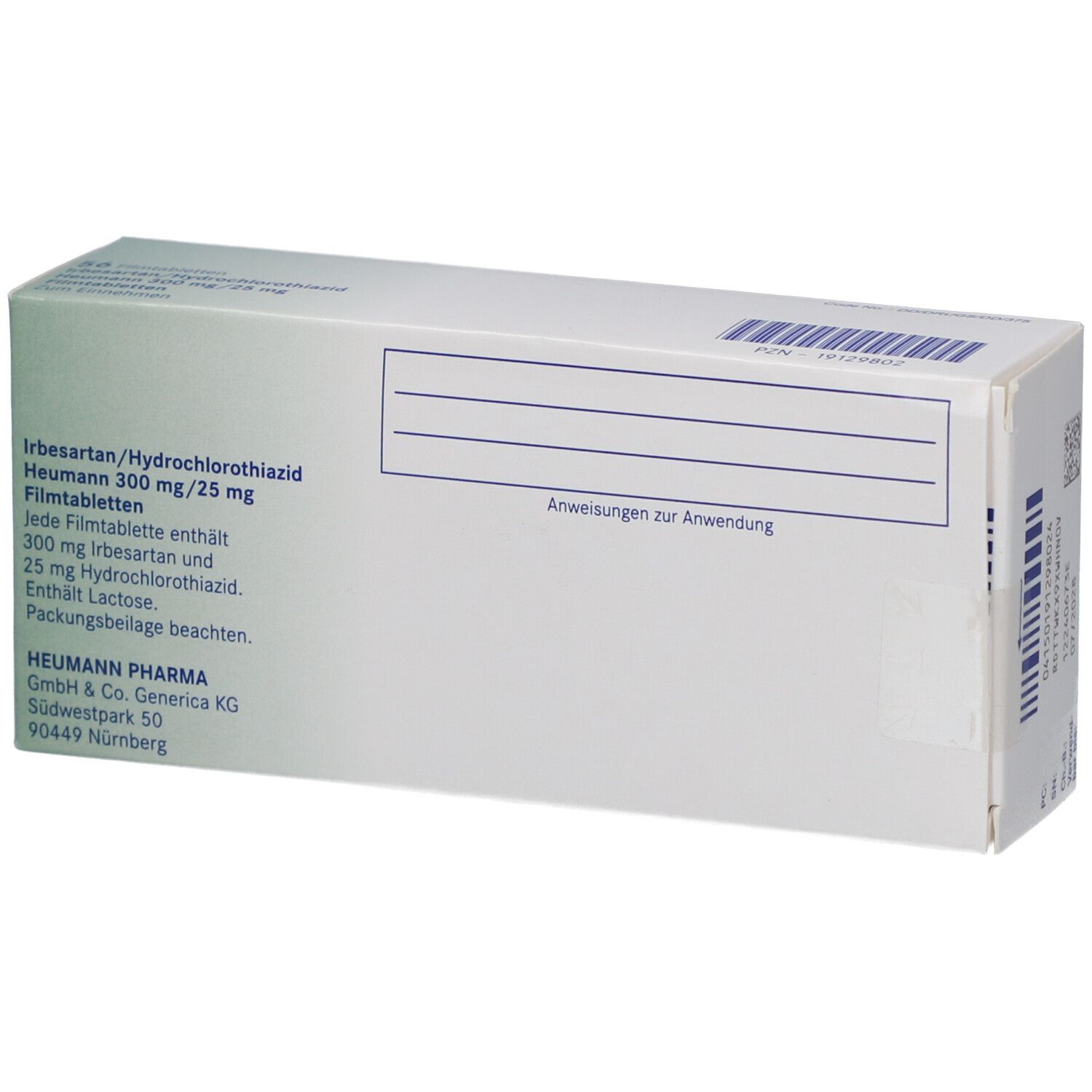 Rückseite der Schachtel mit Informationen zu "Irbesartan/Hydrochlorothiazid Heumann 300 mg/25 mg". Text und Barcode.