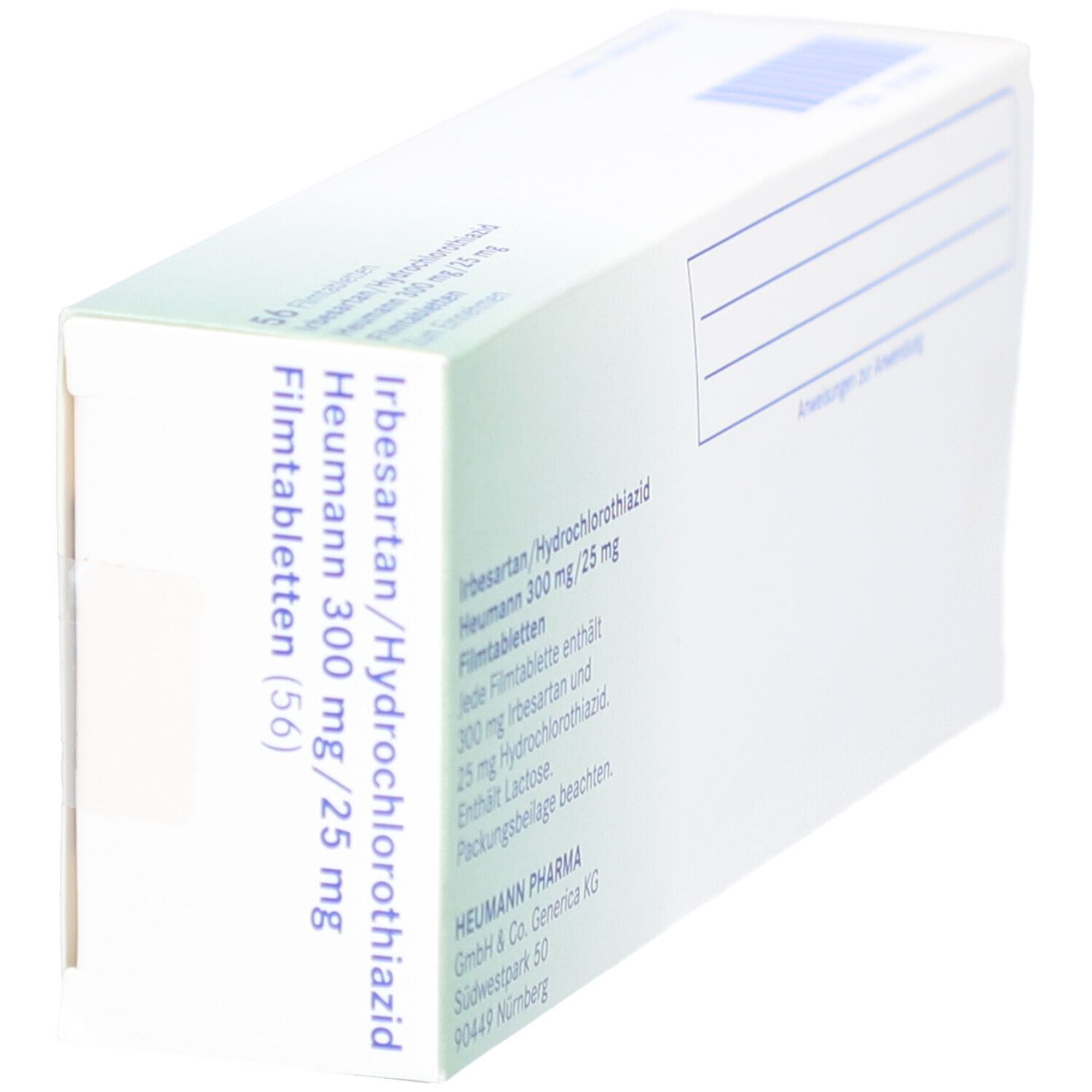 Schachtel "Irbesartan/Hydrochlorothiazid Heumann 300 mg/25 mg". 56 Filmtabletten. Seitenansicht mit Text.