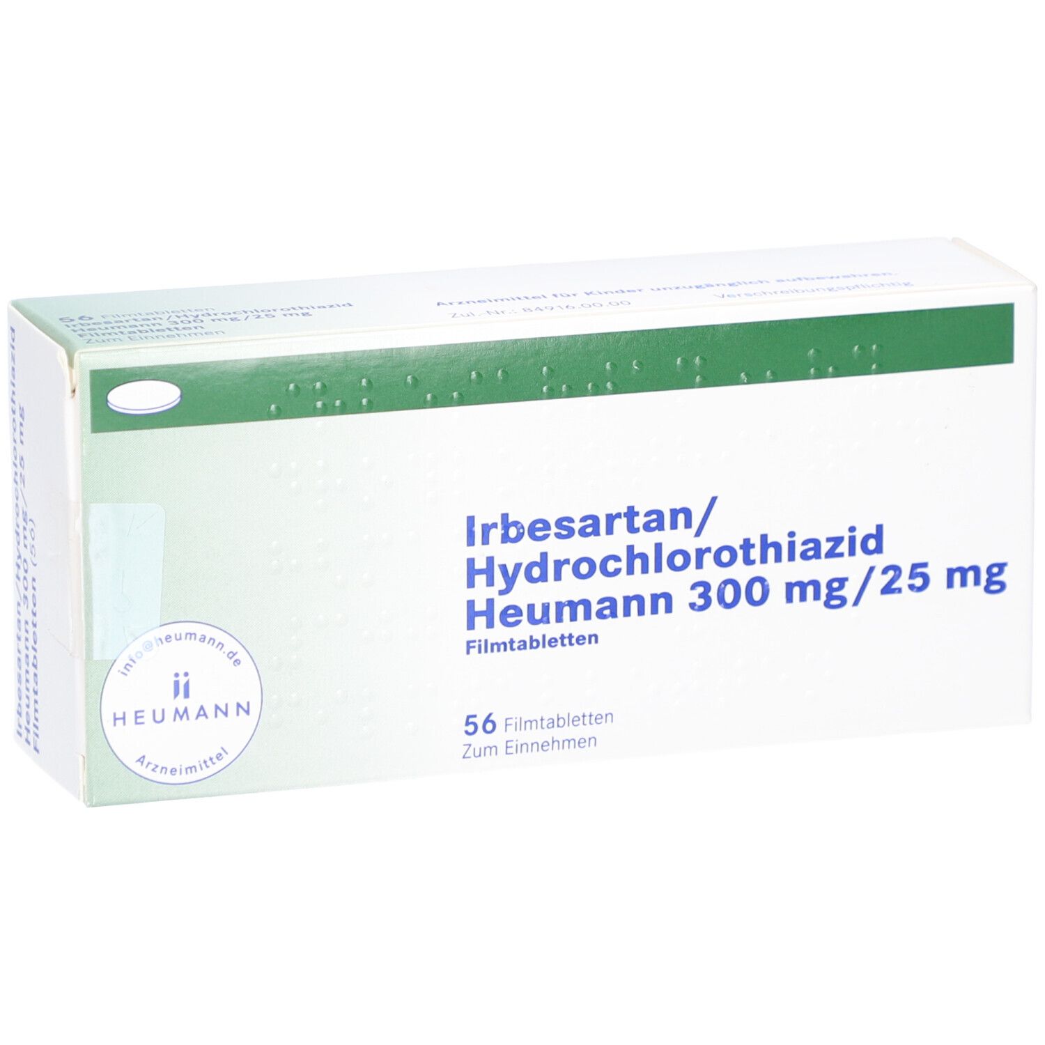 Schachtel "Irbesartan/Hydrochlorothiazid Heumann 300 mg/25 mg". 56 Filmtabletten. Heumann-Logo. Ansicht von vorne.