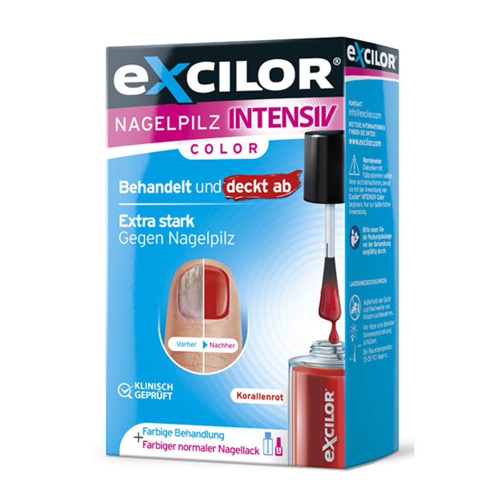 Schachtel mit EXCILOR Intensiv Color. Nagelpilzbehandlung. Rote Flüssigkeit und Pinsel. Klinisch geprüft.