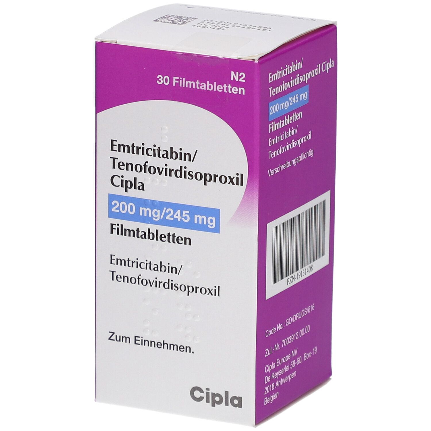 Schachtel mit Emtricitabin/Tenofovirdisoproxil Cipla 200/245mg Filmtabletten. Lila und weiß. Text: 30 Filmtabletten, Cipla.