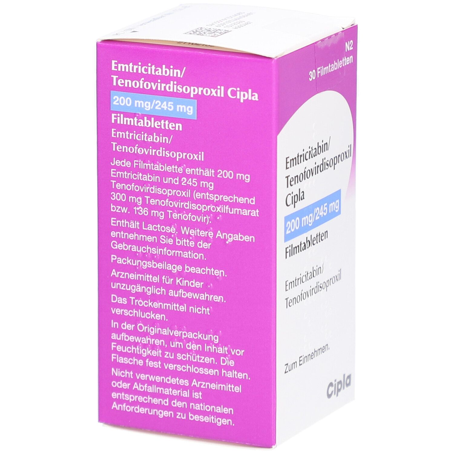 Schachtel mit Emtricitabin/Tenofovirdisoproxil Cipla 200/245mg Filmtabletten. Lila und weiß. Text auf der Seite.