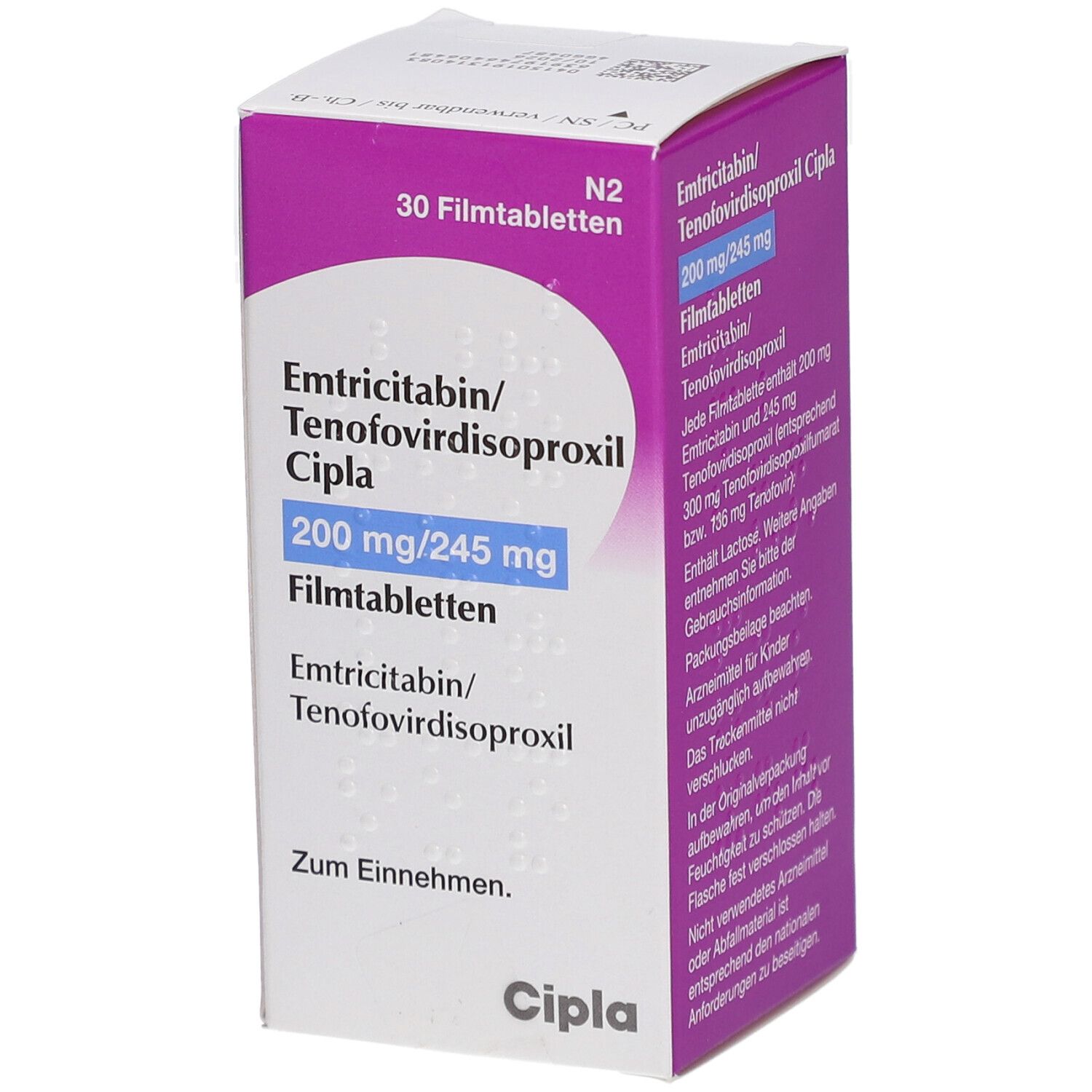 Schachtel mit Emtricitabin/Tenofovirdisoproxil Cipla 200/245mg Filmtabletten. Lila und weiß. Text: 30 Filmtabletten, Cipla.