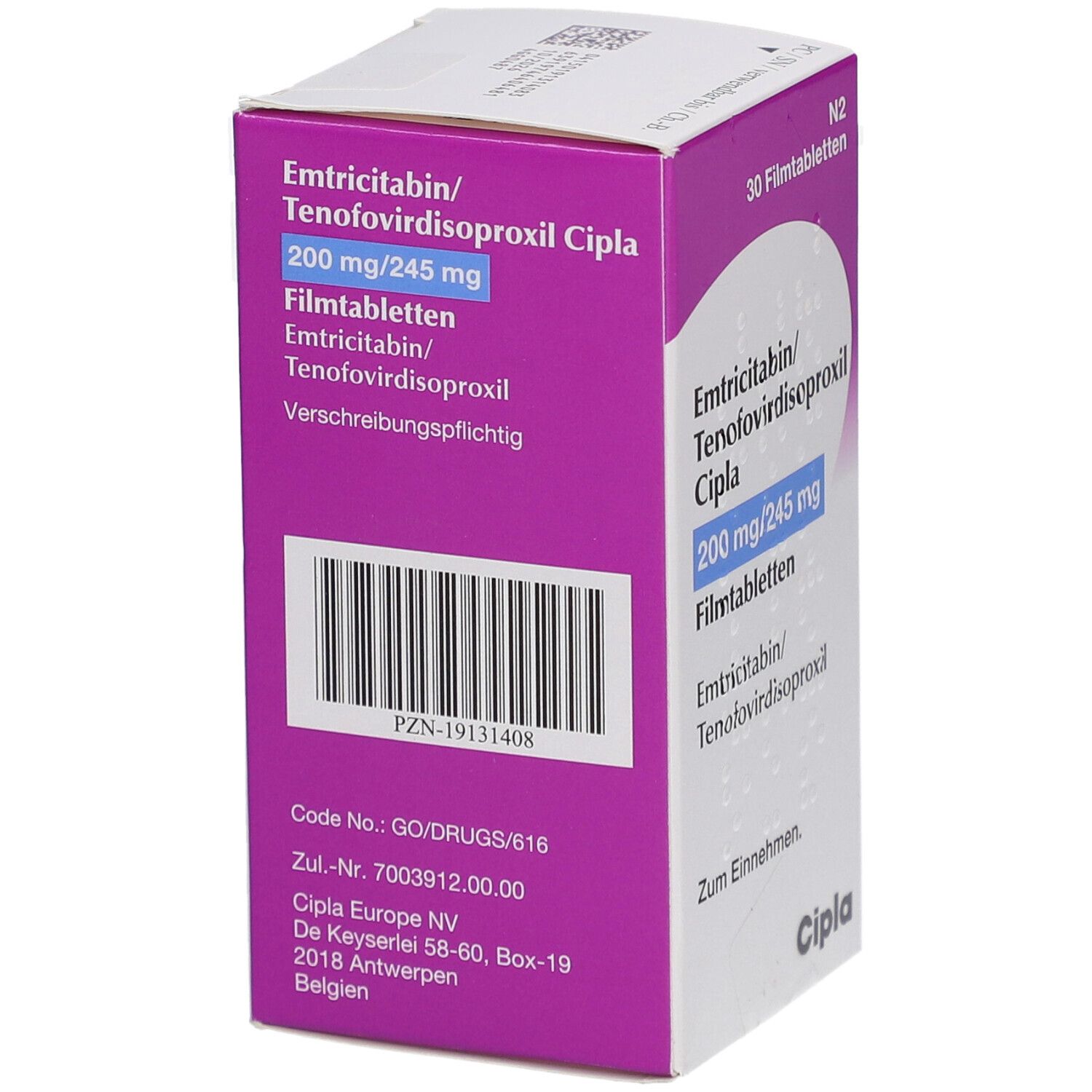Schachtel mit Emtricitabin/Tenofovirdisoproxil Cipla 200/245mg Filmtabletten. Lila und weiß. Text auf der Seite.