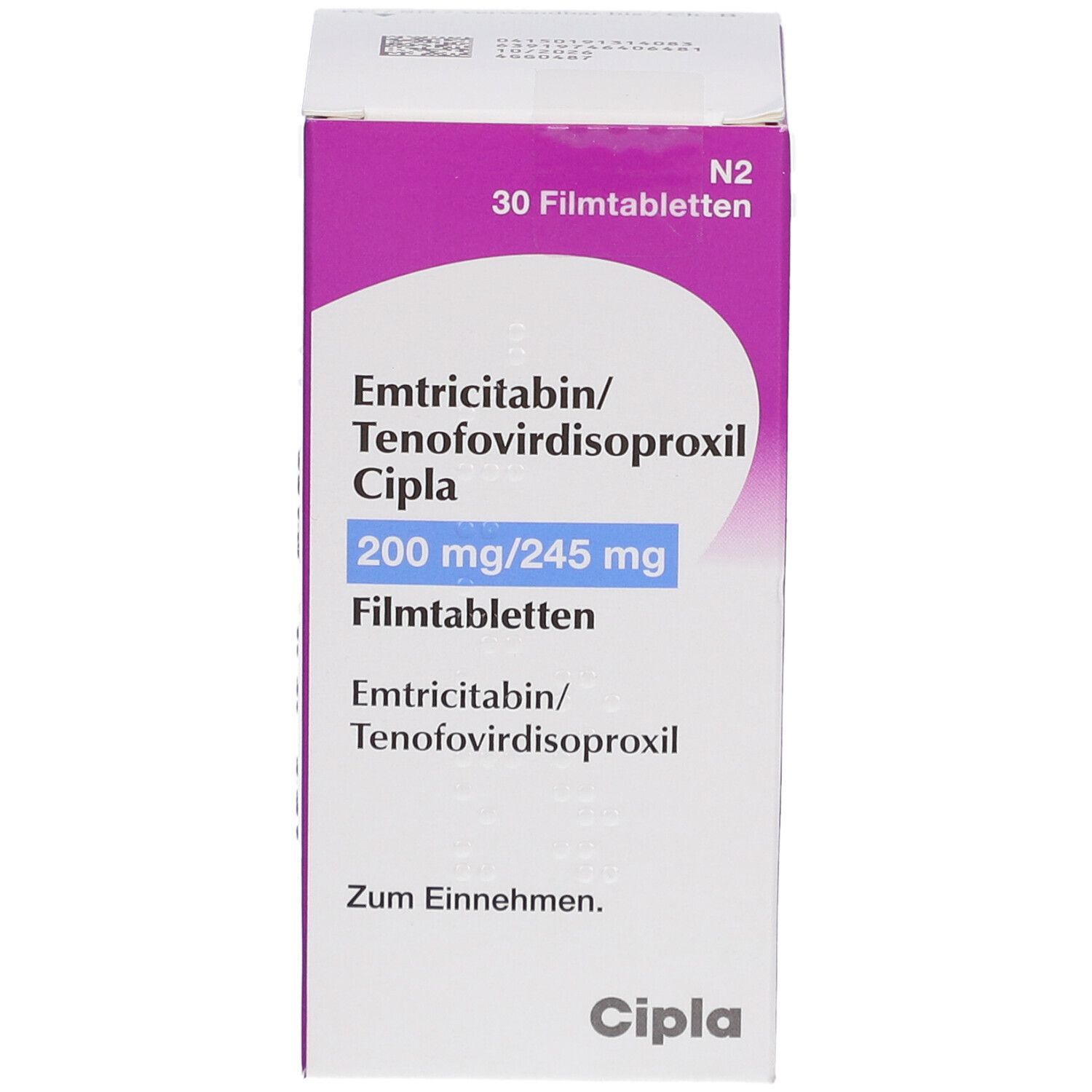 Schachtel mit Emtricitabin/Tenofovirdisoproxil Cipla 200/245mg Filmtabletten. Lila und weiß. Text: 30 Filmtabletten, Cipla.