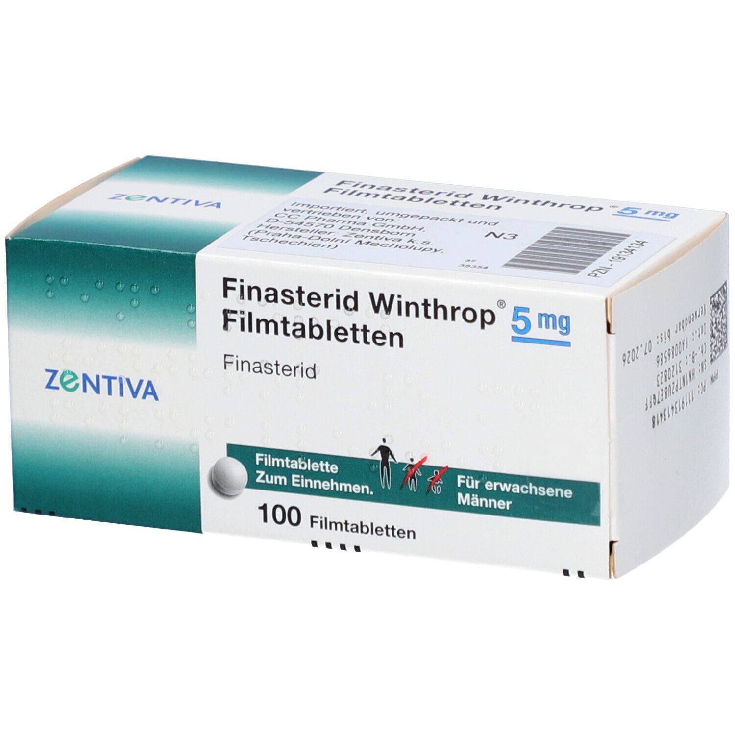 Schachtel mit FINASTERID Winthrop 5 mg Filmtabletten. 100 Tabletten. ZENTIVA-Logo. Text in Deutsch.