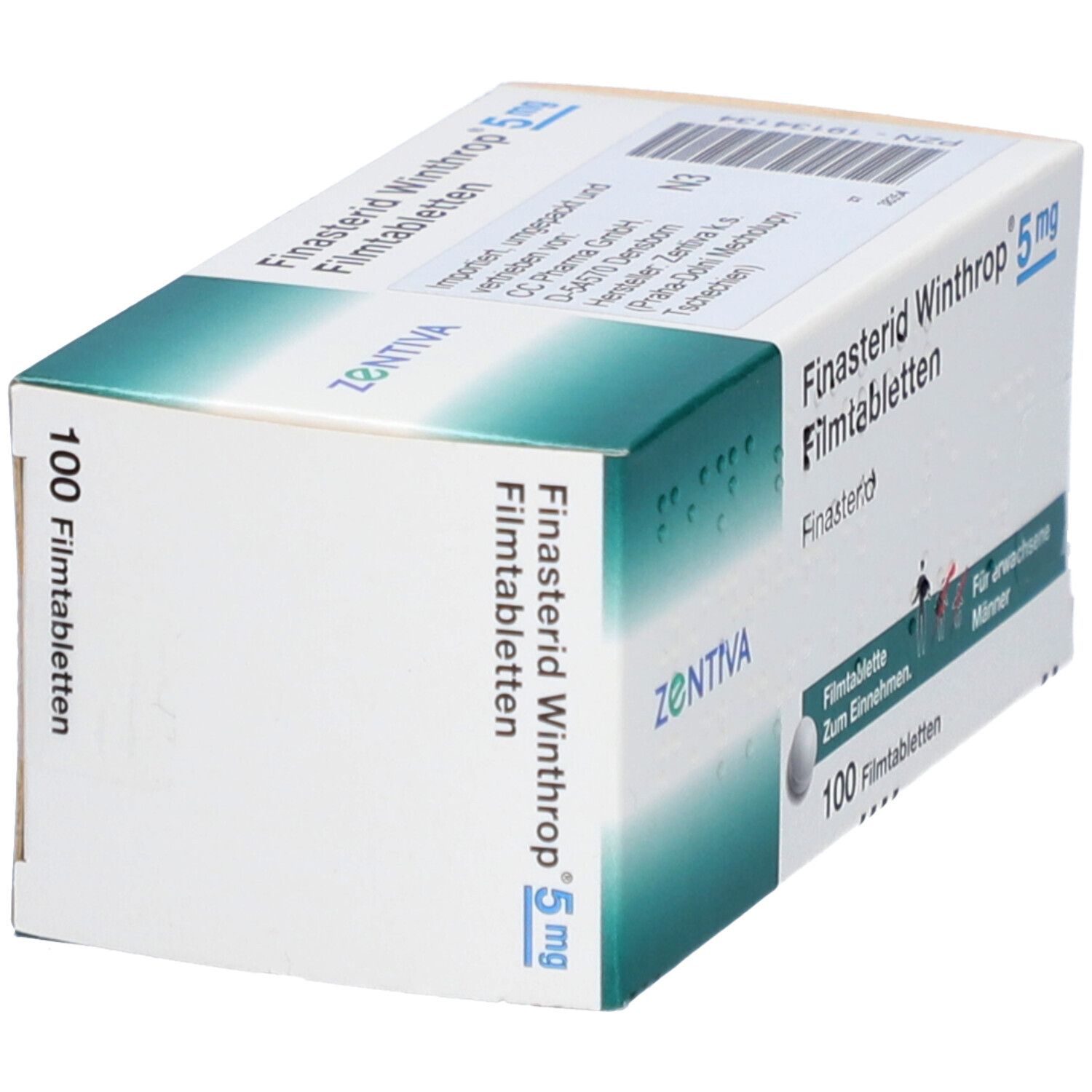 Schachtel FINASTERID Winthrop 5 mg Filmtabletten. 100 Tabletten. ZENTIVA-Logo. Text in Deutsch. Ansicht von der Seite.
