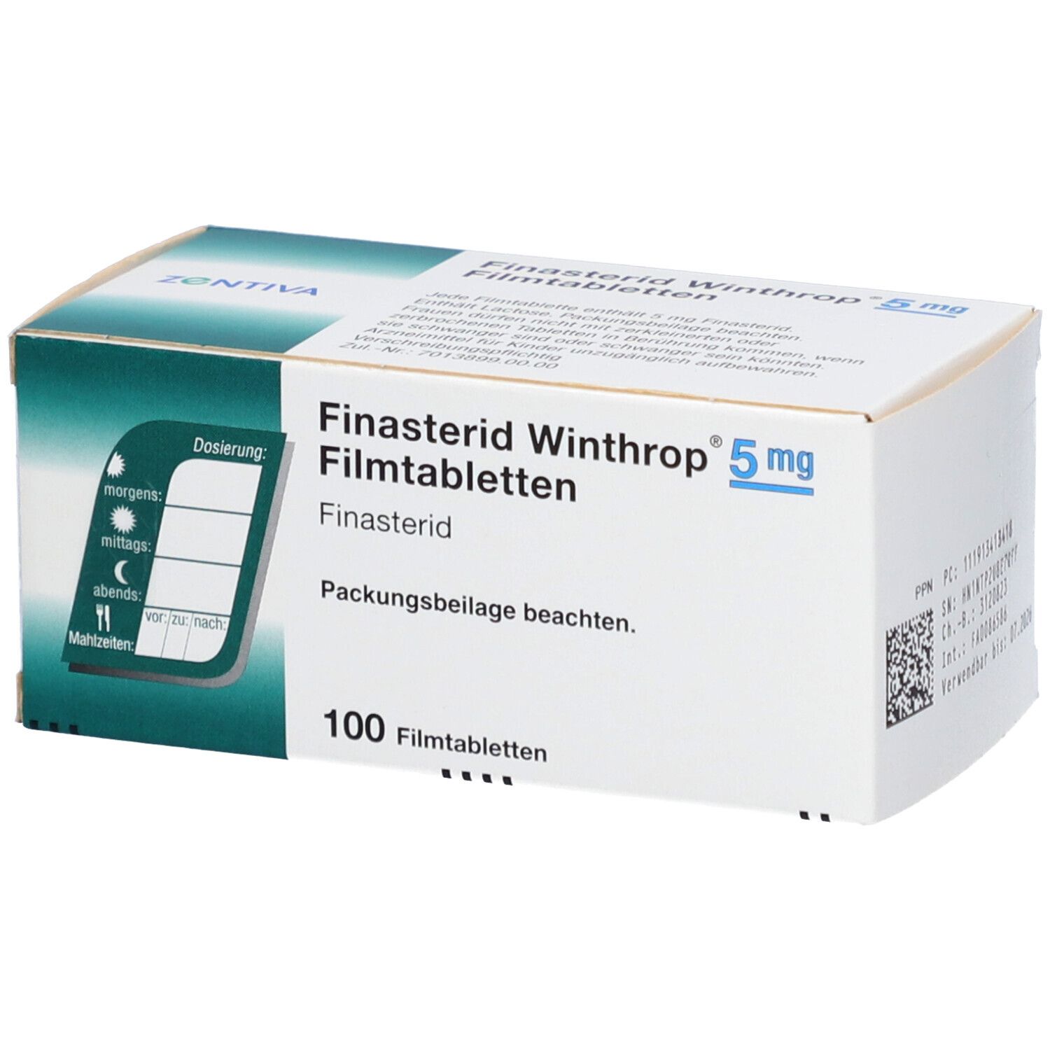 Schachtel FINASTERID Winthrop 5 mg Filmtabletten. 100 Tabletten. ZENTIVA-Logo. Dosierungsanleitung. Text in Deutsch.