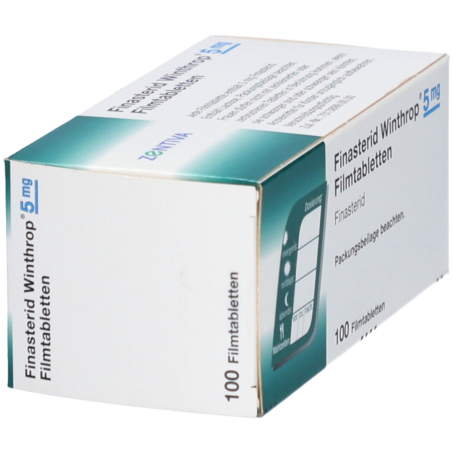 Schachtel FINASTERID Winthrop 5 mg Filmtabletten. 100 Tabletten. ZENTIVA-Logo. Text in Deutsch. Ansicht von der Seite.