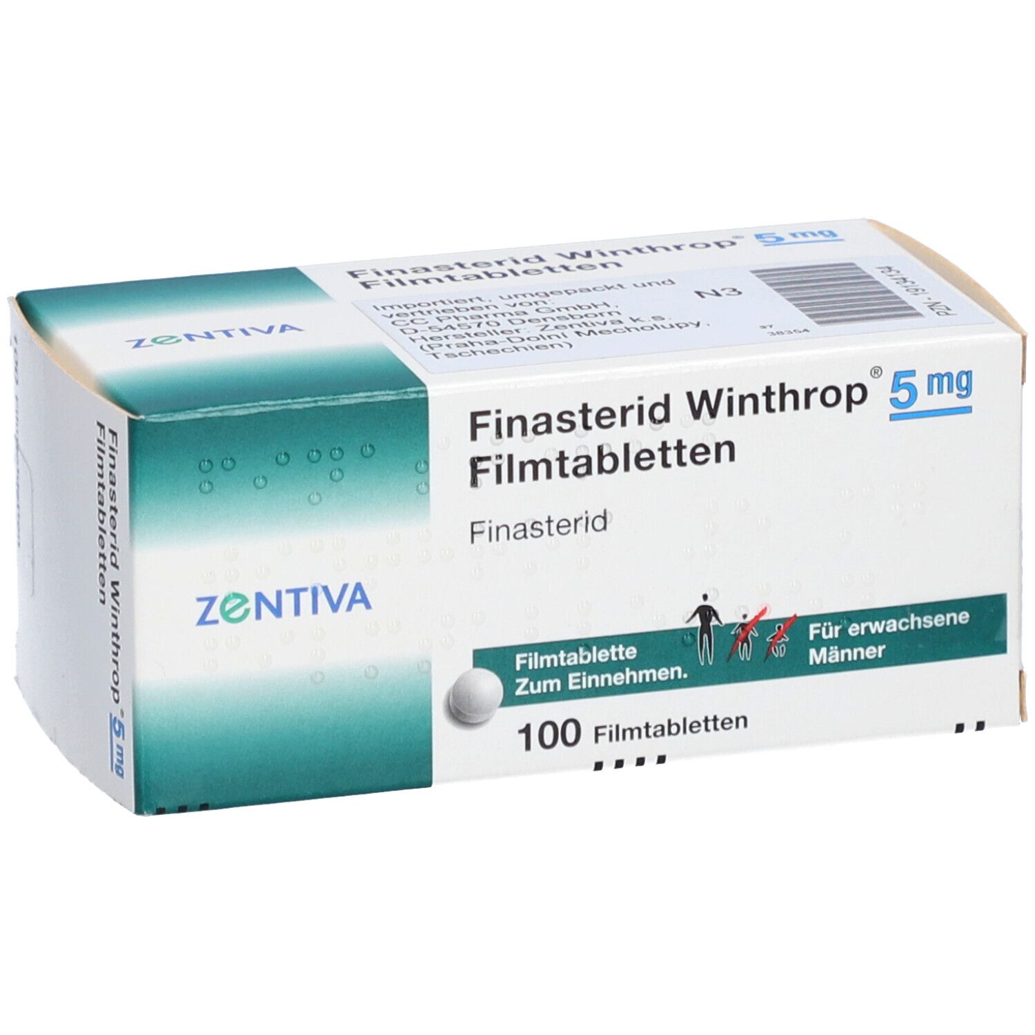 Schachtel FINASTERID Winthrop 5 mg Filmtabletten. 100 Tabletten. ZENTIVA-Logo. Text in Deutsch. Abbildung: Mann.