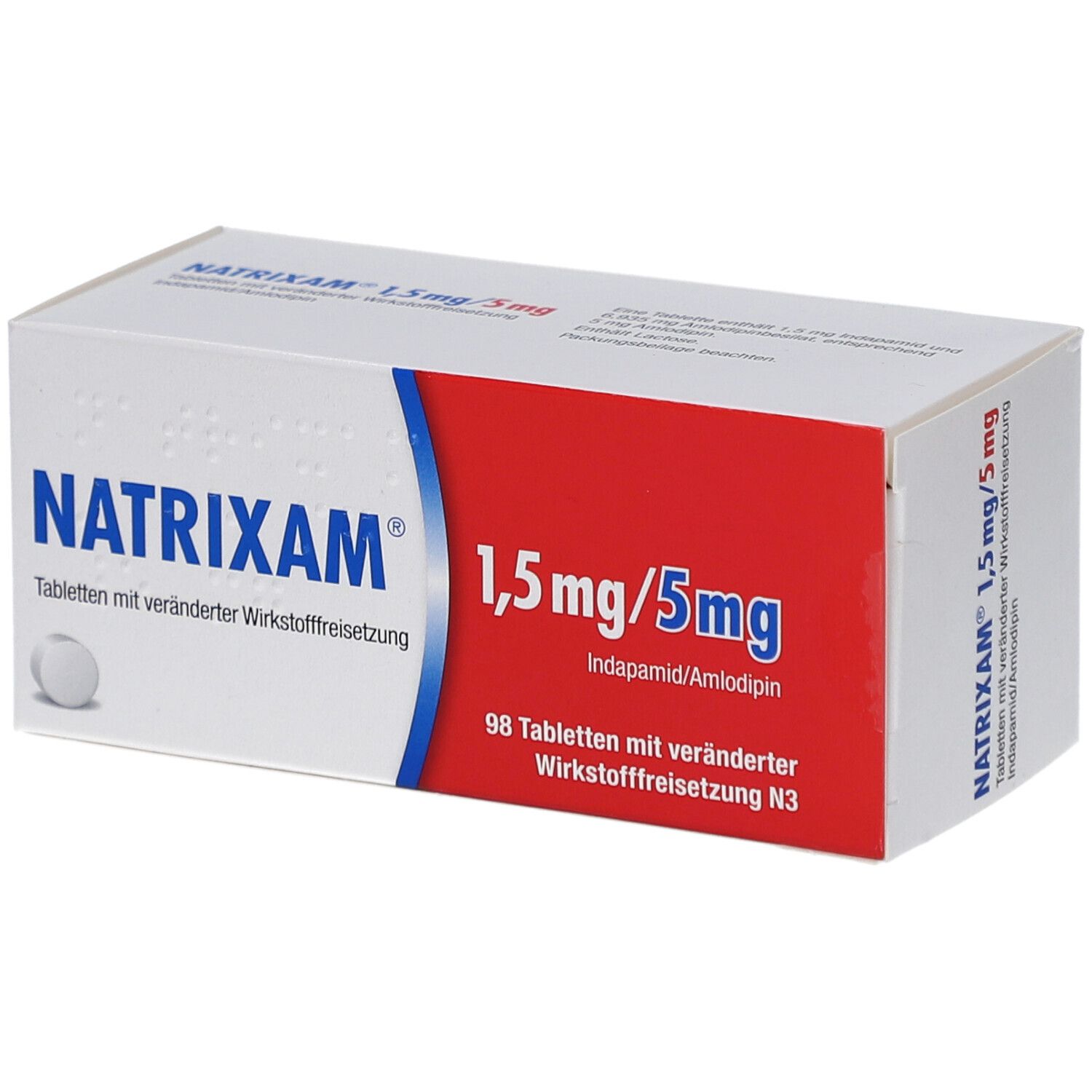NATRIXAM 1,5 mg/5 mg Tab.m.veränd.Wirkst.-Frs. Packung. Weiß-rot-blaue Schachtel mit Produktnamen und Dosierung. 98 Tabletten.