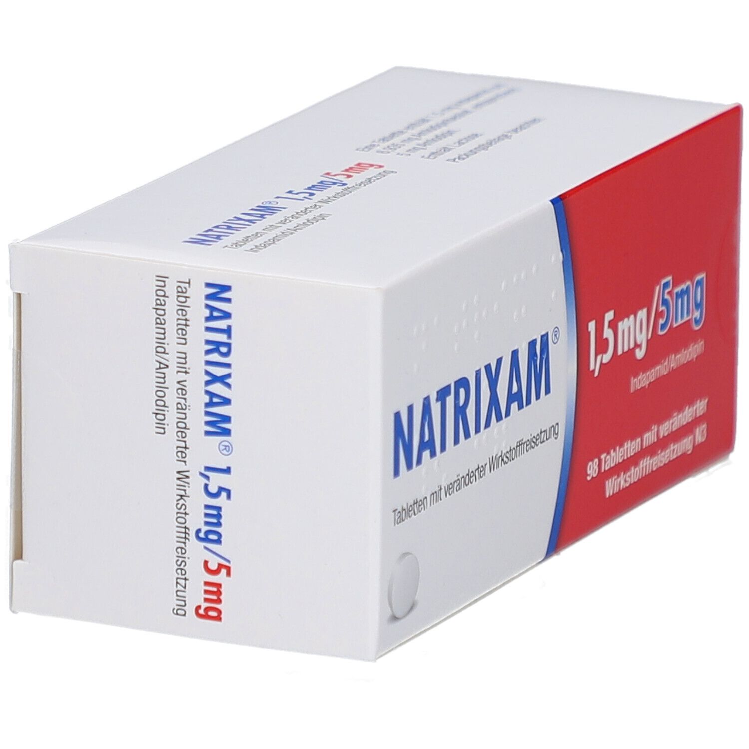 NATRIXAM 1,5 mg/5 mg Tab.m.veränd.Wirkst.-Frs. Packung. Weiß-rot-blaue Schachtel mit Produktnamen und Dosierung. Seitenansicht.
