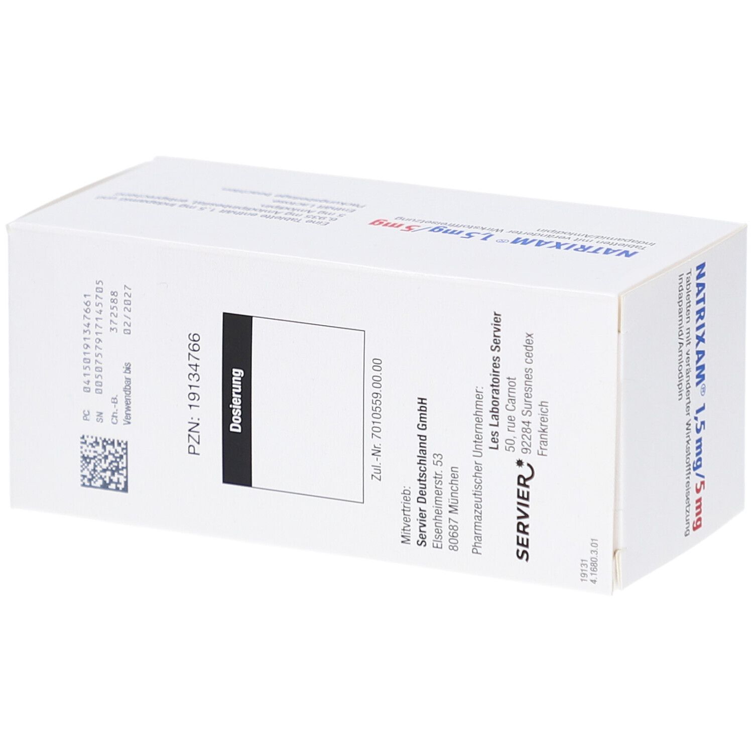 NATRIXAM 1,5 mg/5 mg Tab.m.veränd.Wirkst.-Frs. Packung. Rückseite mit Informationen. PZN-Code und Herstellerangaben.