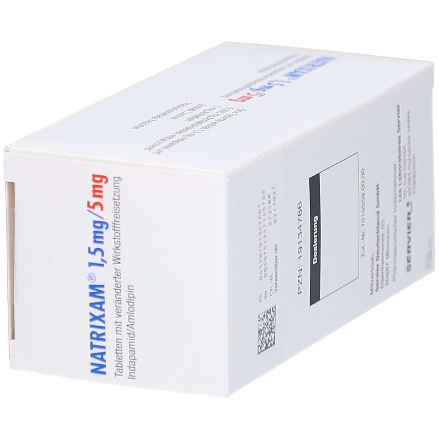 NATRIXAM 1,5 mg/5 mg Tab.m.veränd.Wirkst.-Frs. Packung. Seitenansicht mit Produktnamen und Dosierung.
