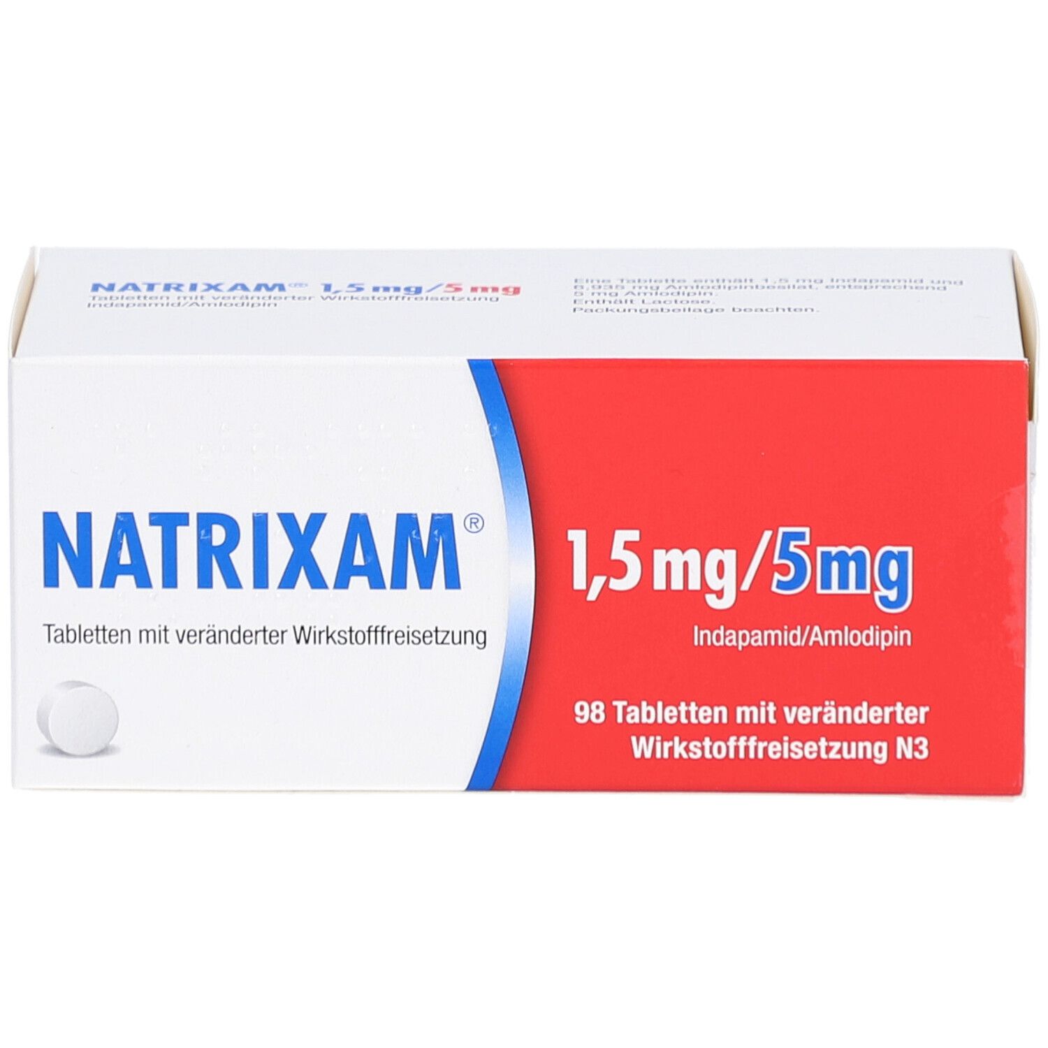 NATRIXAM 1,5 mg/5 mg Tab.m.veränd.Wirkst.-Frs. Packung. Weiß-rot-blaue Schachtel mit Produktnamen und Dosierung. 98 Tabletten.