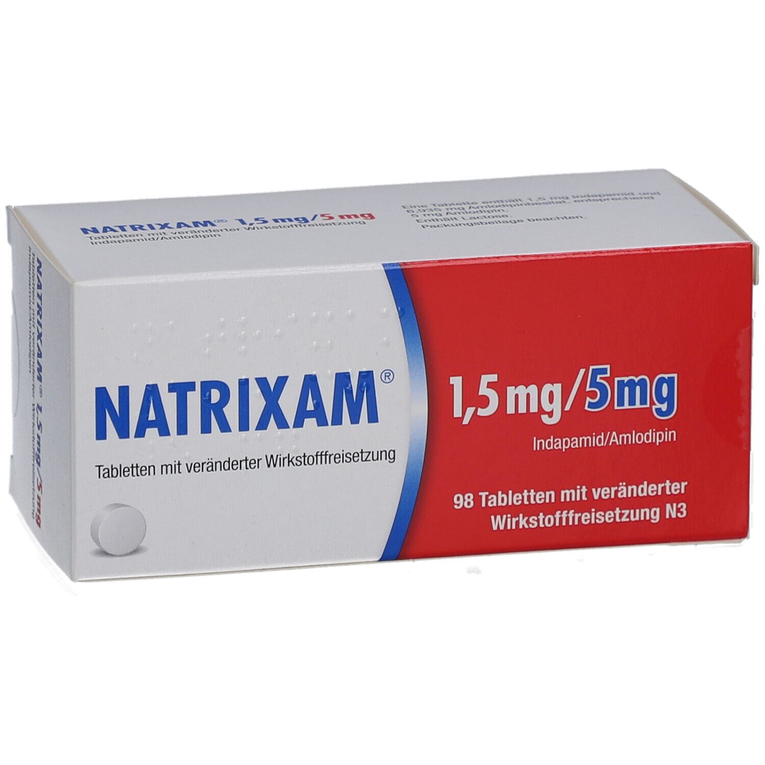 NATRIXAM 1,5 mg/5 mg Tab.m.veränd.Wirkst.-Frs. Packung. Weiß-rot-blaue Schachtel mit Produktnamen und Dosierung. Seitenansicht.
