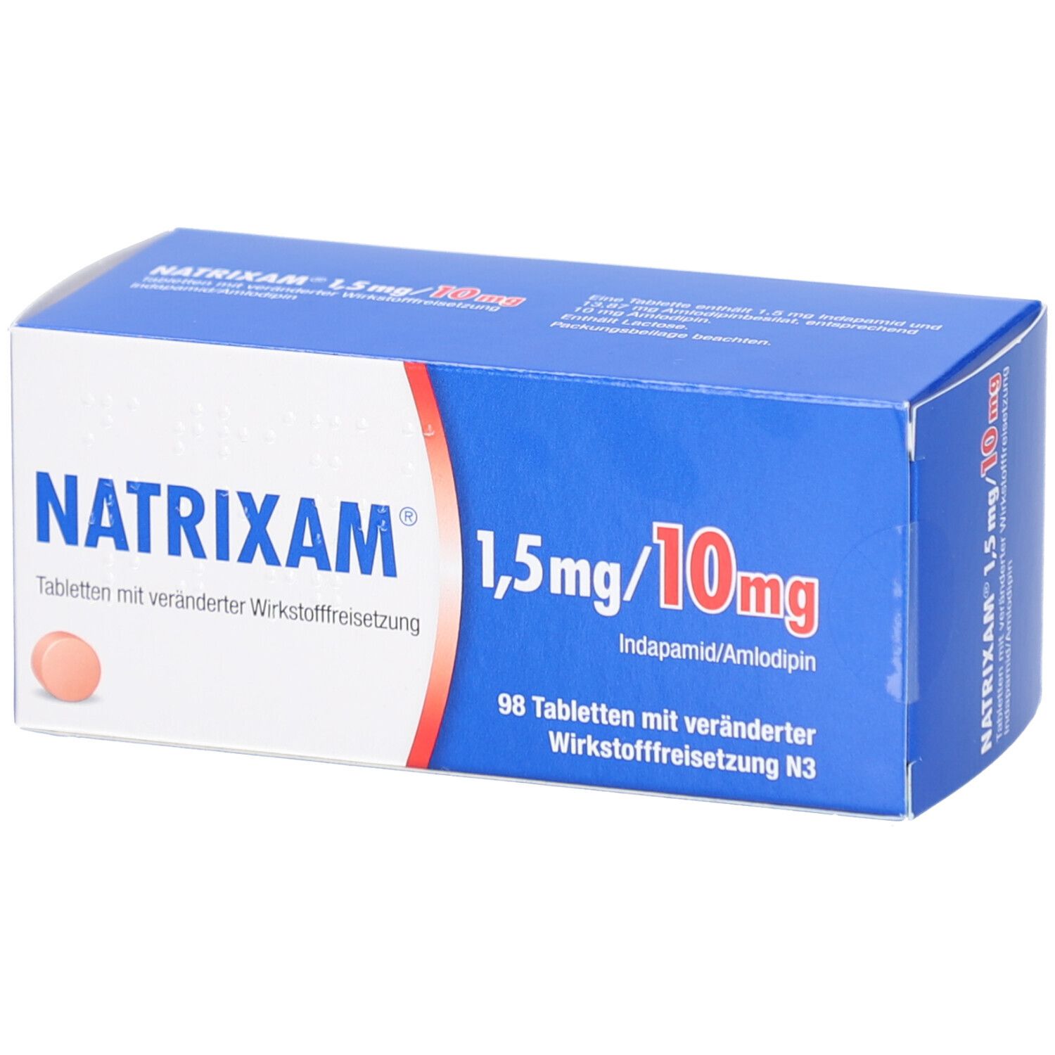 Blau-weiße Faltschachtel mit NATRIXAM 1,5 mg/10 mg. Aufschrift: Tabletten mit veränderter Wirkstofffreisetzung. 98 Tabletten.