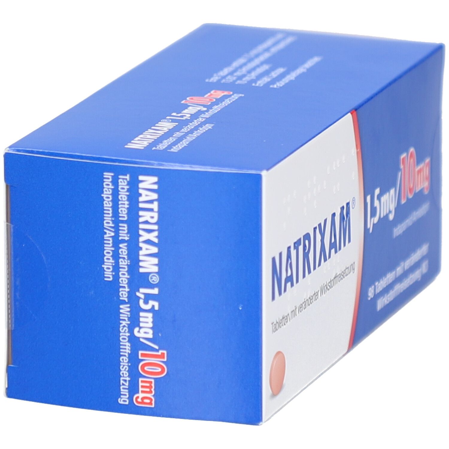 Blaue und weiße Faltschachtel mit NATRIXAM 1,5 mg/10 mg. Aufschrift: Tabletten mit veränderter Wirkstofffreisetzung. Schachtel schräg.