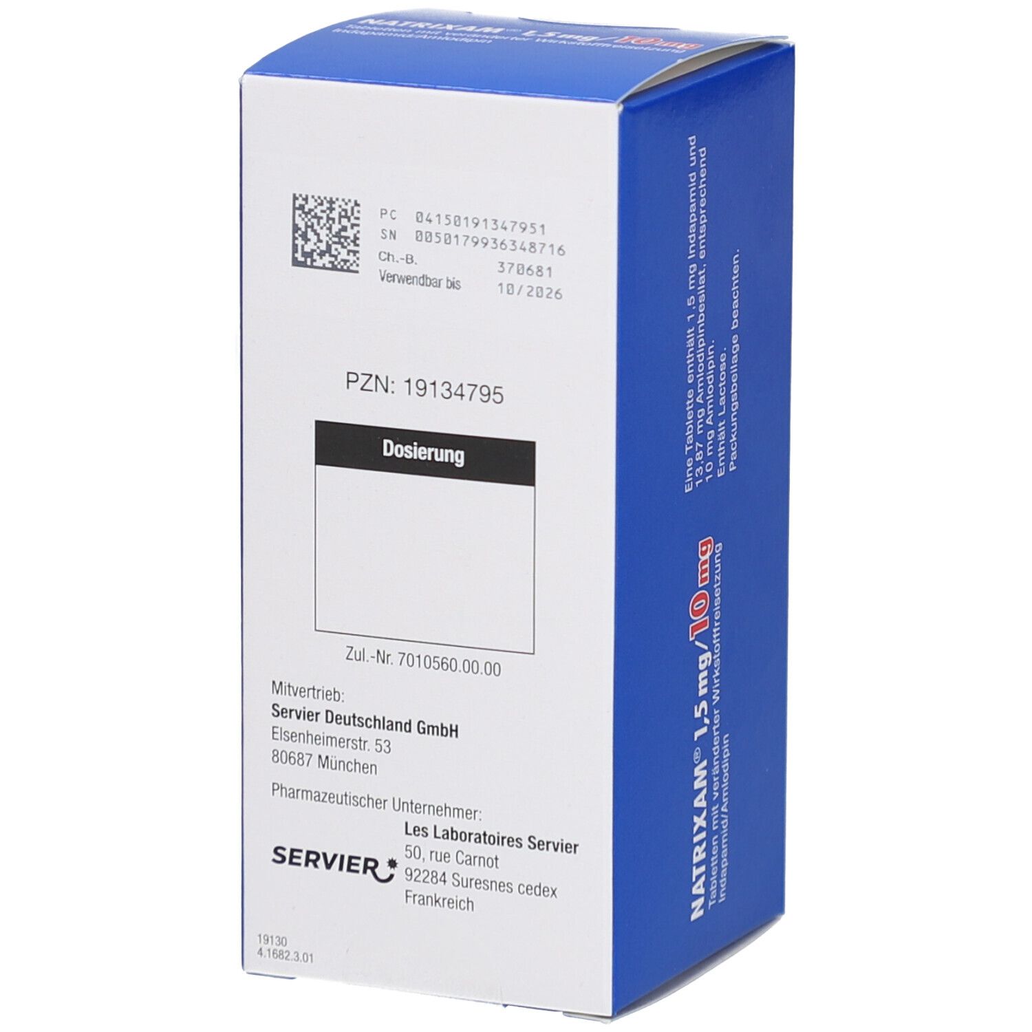 Weiße und blaue Faltschachtel mit NATRIXAM 1,5 mg/10 mg. Rückseite mit Informationen und PZN-Nummer. Herstellerangaben.