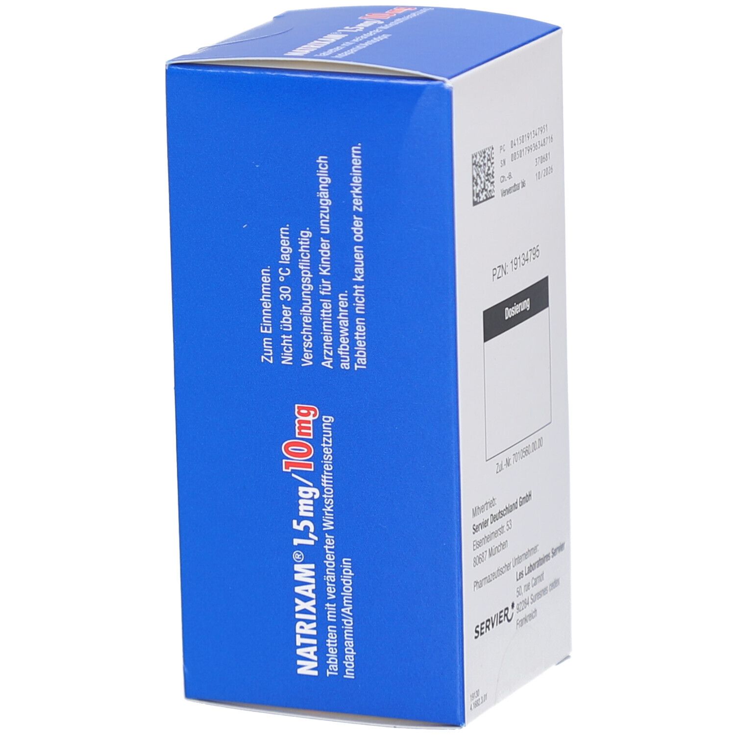 Weiße und blaue Faltschachtel mit NATRIXAM 1,5 mg/10 mg. Aufschrift: Tabletten mit veränderter Wirkstofffreisetzung. Seite.