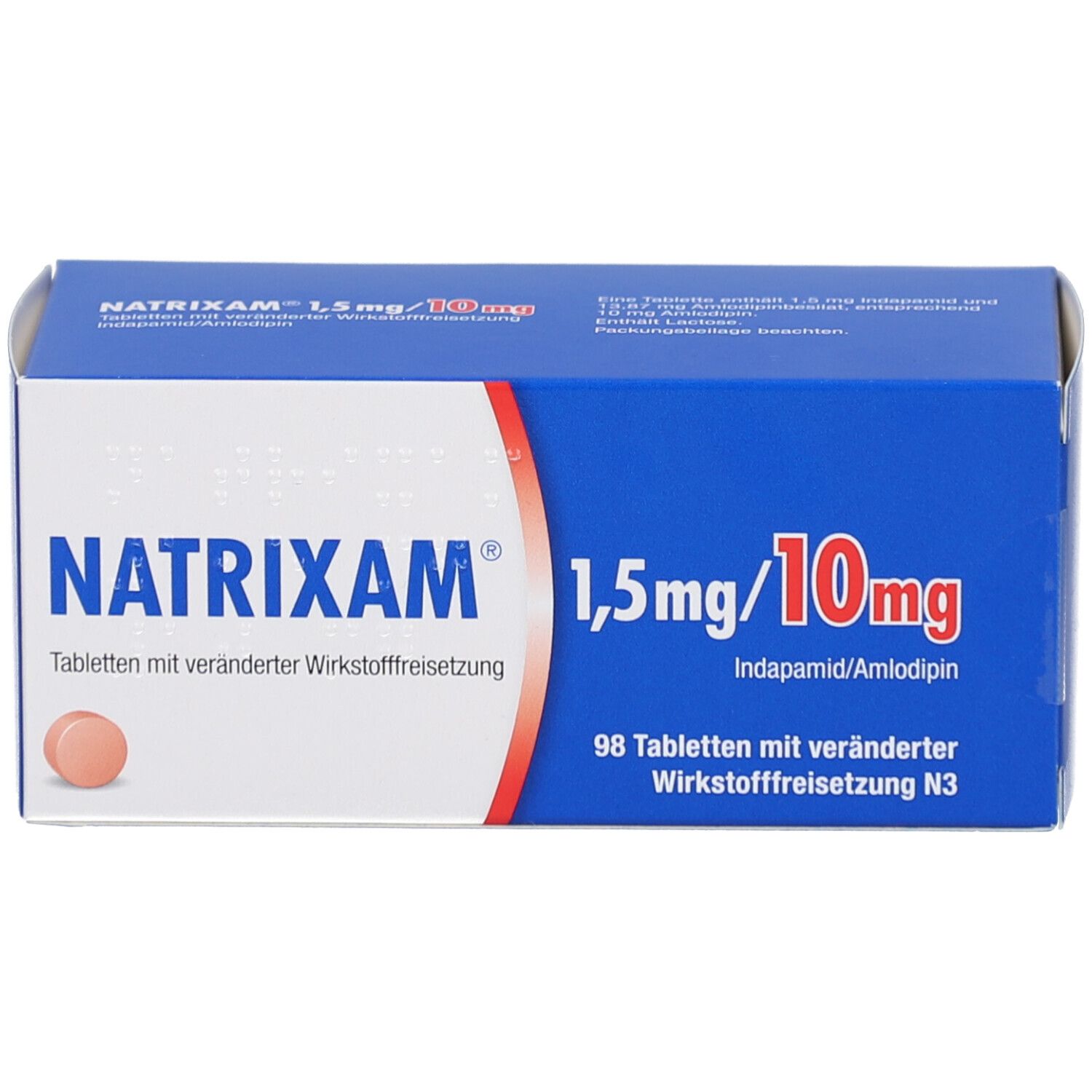 Blaue und weiße Faltschachtel mit NATRIXAM 1,5 mg/10 mg. Aufschrift: Tabletten mit veränderter Wirkstofffreisetzung. 98 Tabletten.