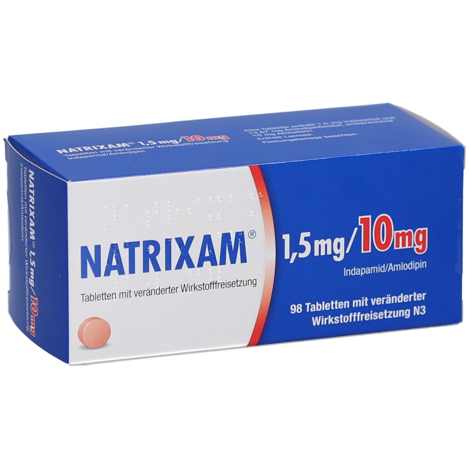 Blaue und weiße Faltschachtel mit NATRIXAM 1,5 mg/10 mg. Aufschrift: Tabletten mit veränderter Wirkstofffreisetzung. 98 Tabletten.