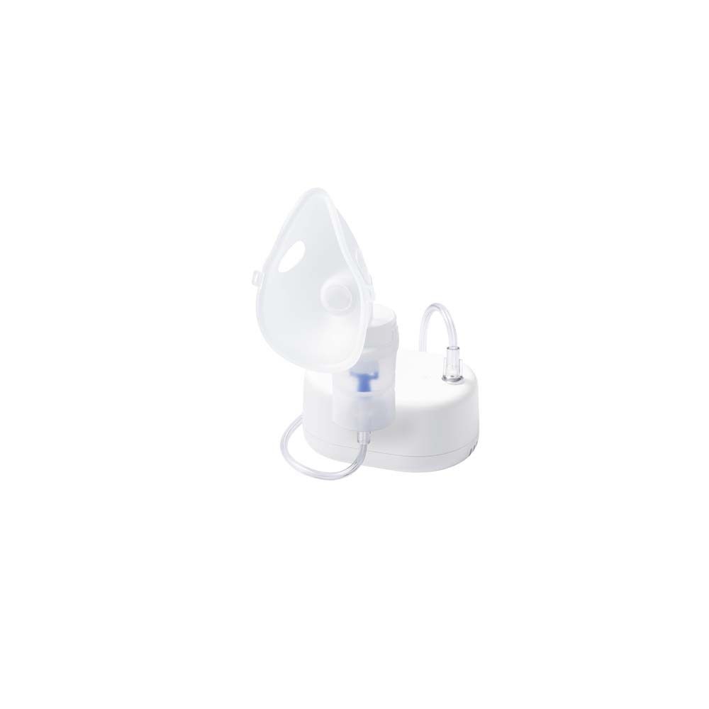 Inhalationsgerät mit Maske. Weiß, transparent. Maske über Vernebler. Auf weißem Hintergrund.