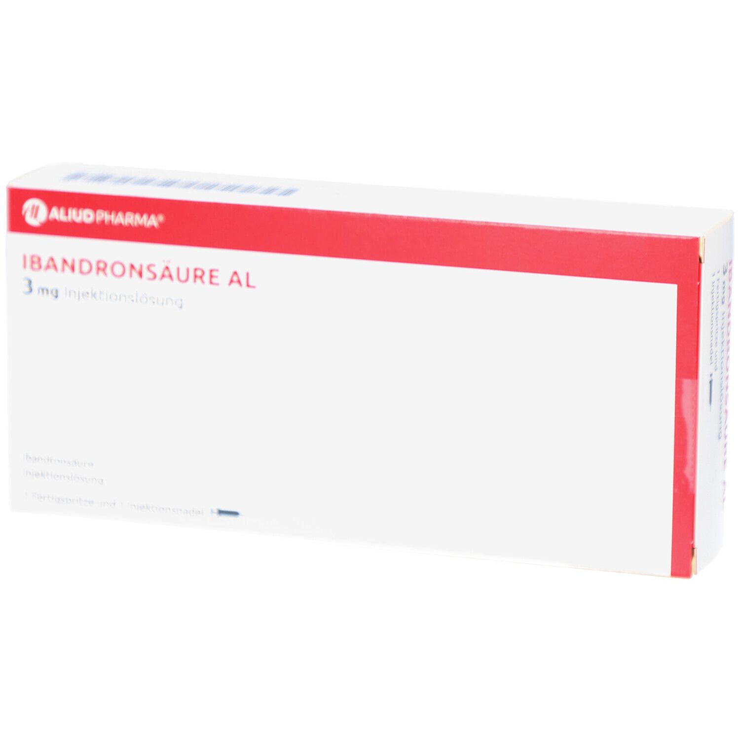 Weißer Karton mit rotem Streifen. Aufschrift: IBANDRONSÄURE AL 3 mg Injektionslsg. Fertigspritze. Logo Aluid Pharma.