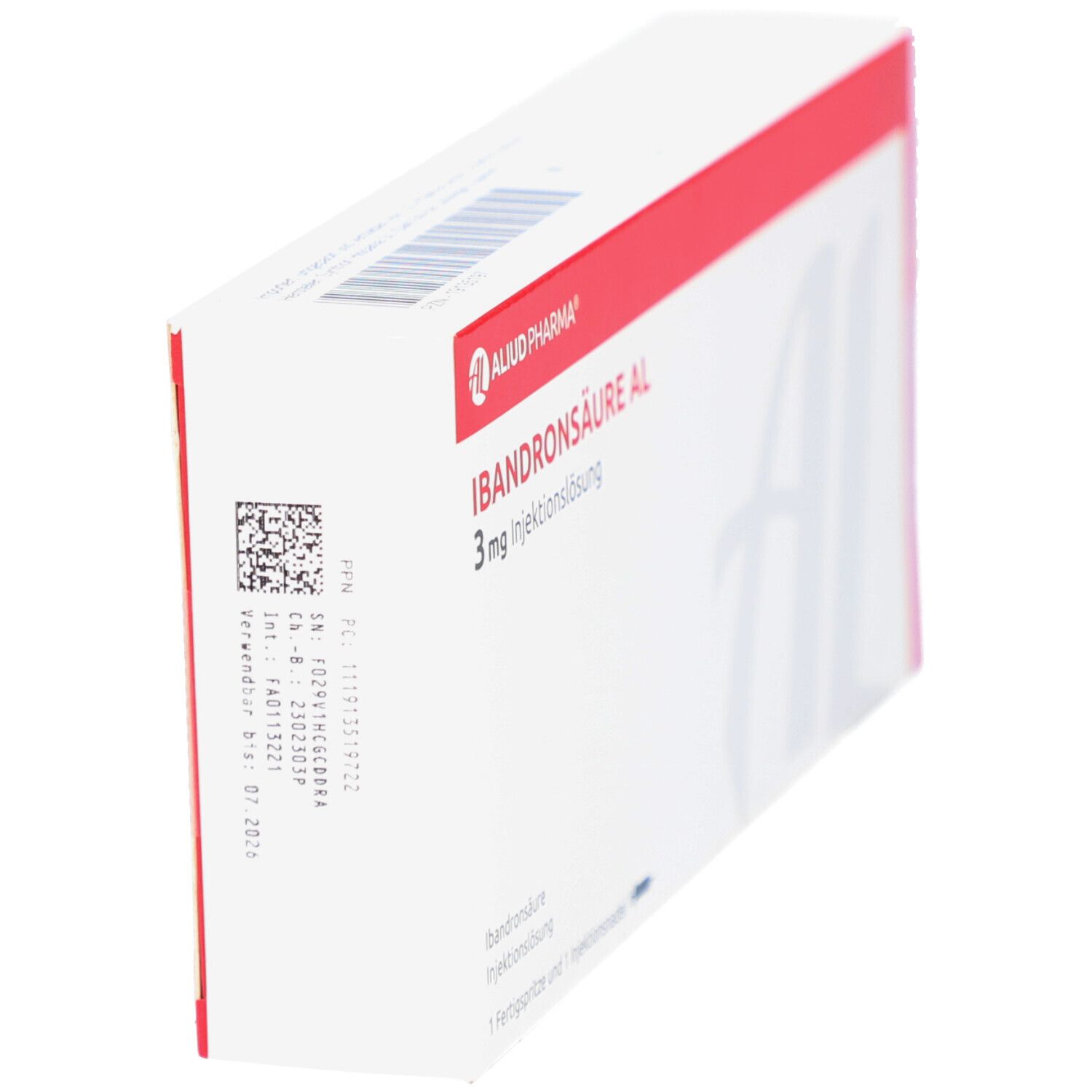 Karton, weiß mit rotem Streifen. Aufschrift: IBANDRONSÄURE AL 3 mg Injektionslsg. Fertigspritze. Logo Aluid Pharma. Barcode.