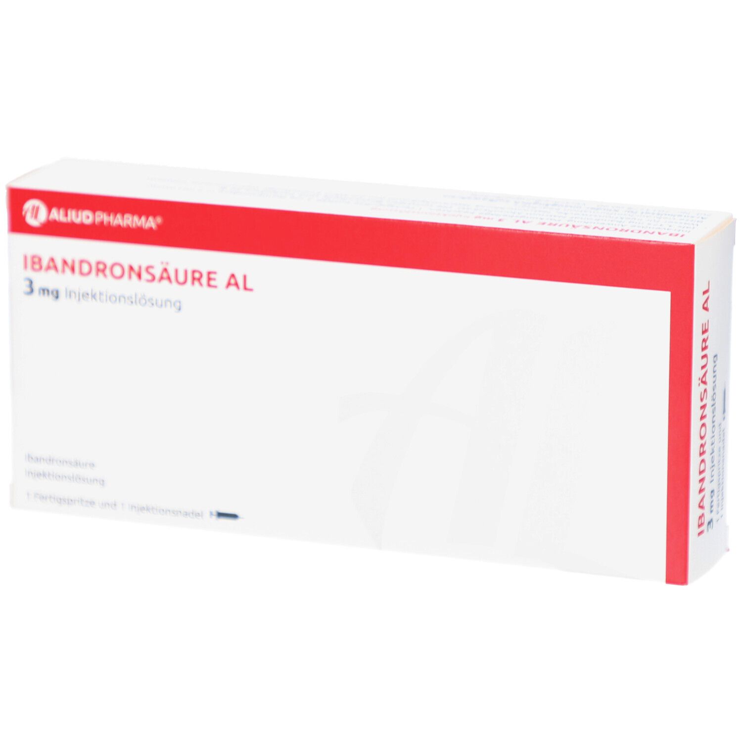Weißer Karton mit rotem Streifen. Aufschrift: IBANDRONSÄURE AL 3 mg Injektionslsg. Fertigspritze. Logo Aluid Pharma.