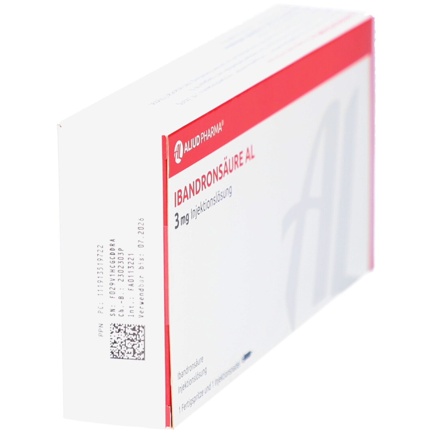 Karton, weiß mit rotem Streifen. Aufschrift: IBANDRONSÄURE AL 3 mg Injektionslsg. Fertigspritze. Logo Aluid Pharma. Barcode.