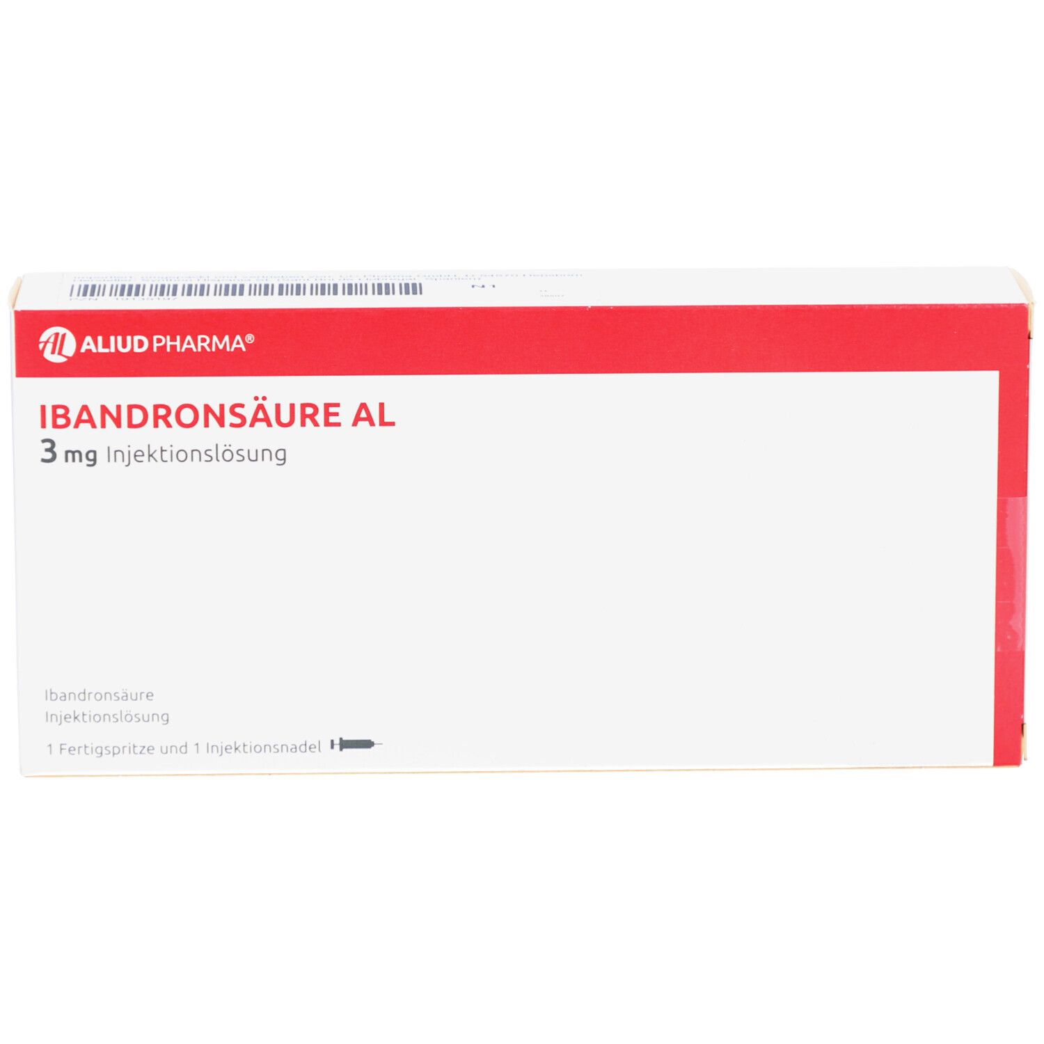 Weißer Karton mit rotem Streifen. Aufschrift: IBANDRONSÄURE AL 3 mg Injektionslsg. Fertigspritze. Logo Aluid Pharma.