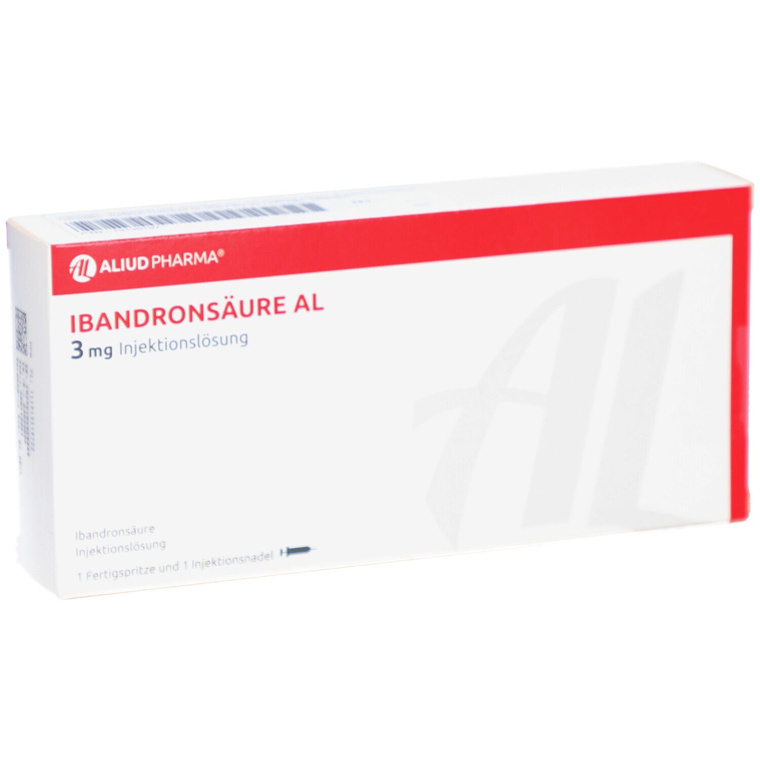 Weißer Karton mit rotem Streifen. Aufschrift: IBANDRONSÄURE AL 3 mg Injektionslsg. Fertigspritze. Logo Aluid Pharma.