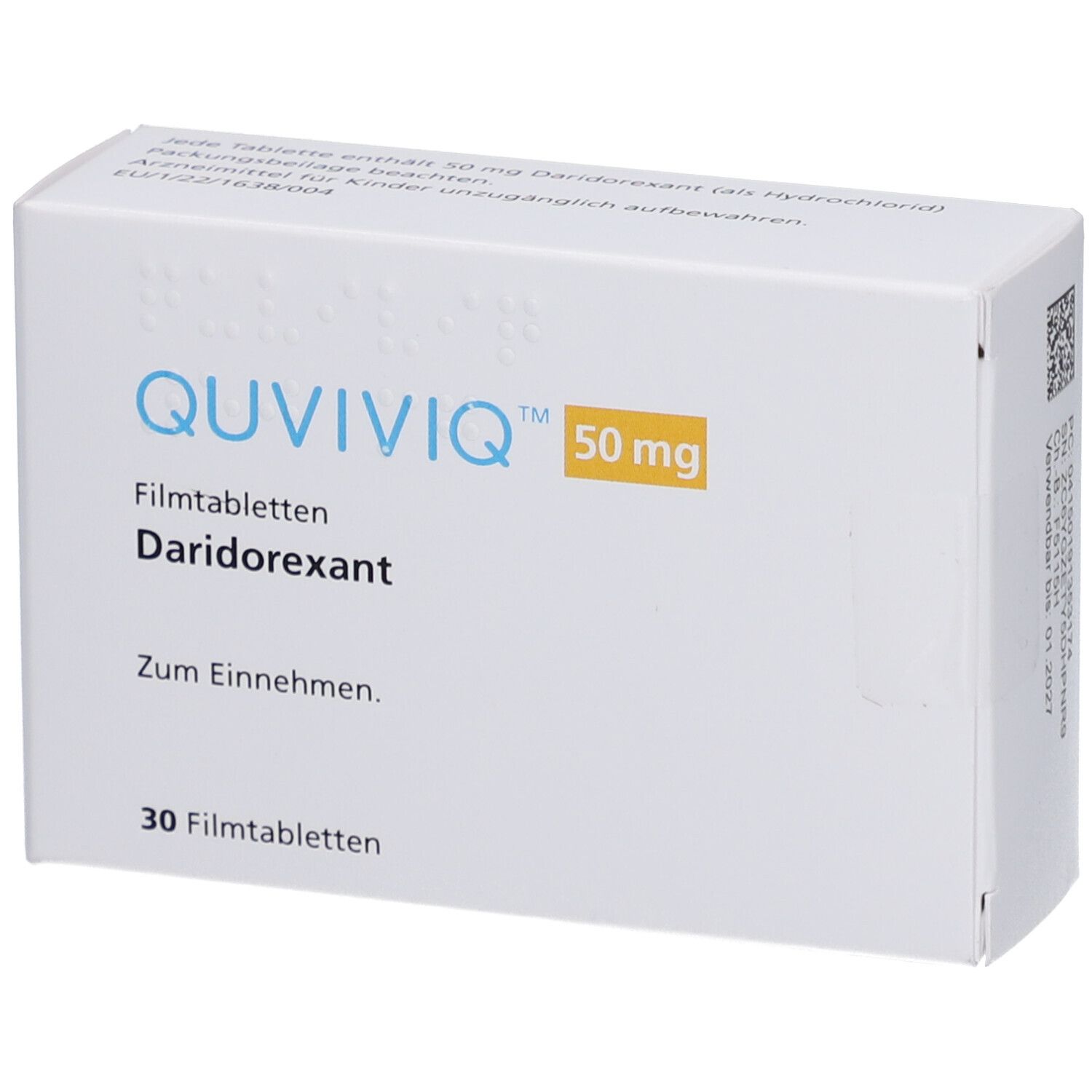 Weiße Schachtel mit QUVIVIQ 50 mg Filmtabletten. Aufdruck: Daridorexant, 30 Filmtabletten. Gelber Streifen mit 50 mg.