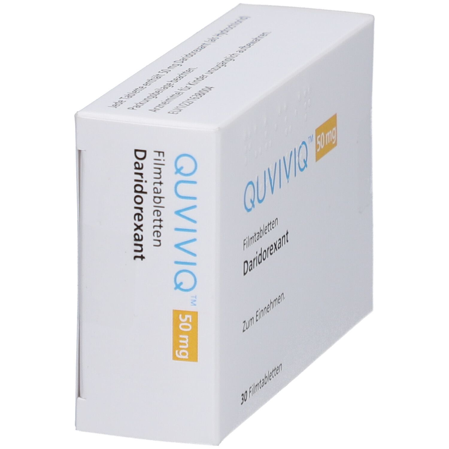 Schachtel QUVIVIQ 50 mg Filmtabletten, schräg. Aufdruck: Daridorexant, 30 Filmtabletten. Gelber Streifen mit 50 mg.