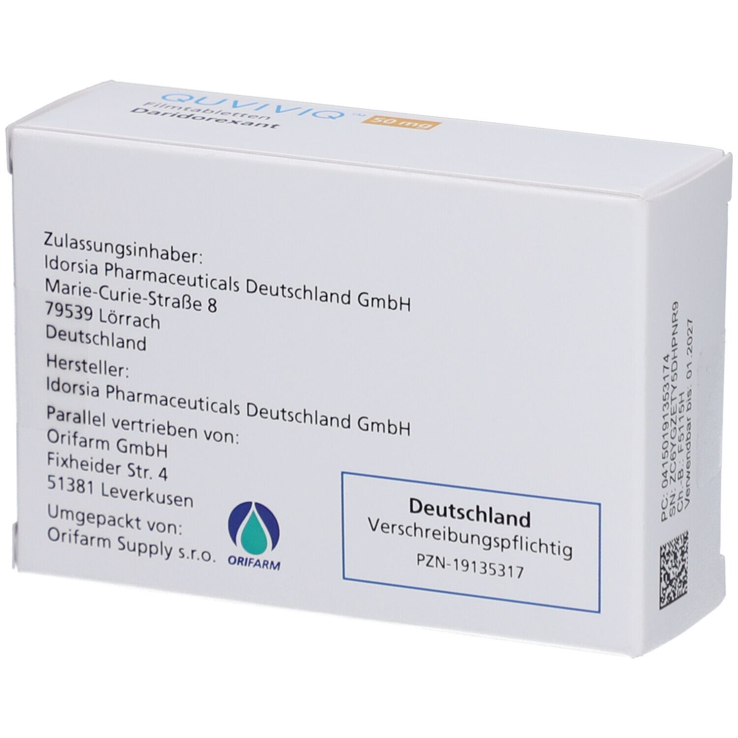 Rückseite der QUVIVIQ 50 mg Filmtabletten-Schachtel. Adress- und Herstellerangaben, Deutschland. PZN-19135317.