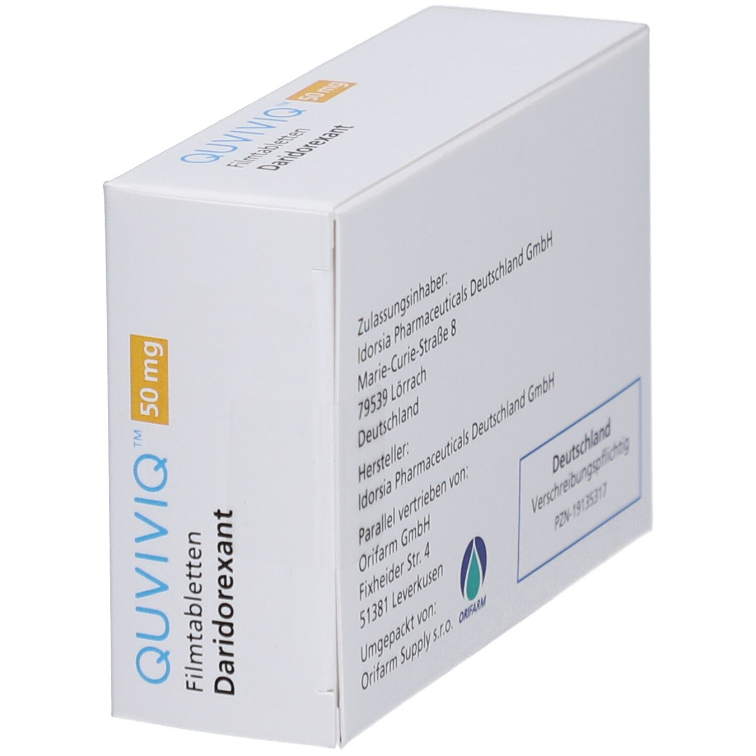 Schachtel QUVIVIQ 50 mg Filmtabletten, schräg. Aufdruck: Daridorexant, 30 Filmtabletten. Gelber Streifen mit 50 mg.