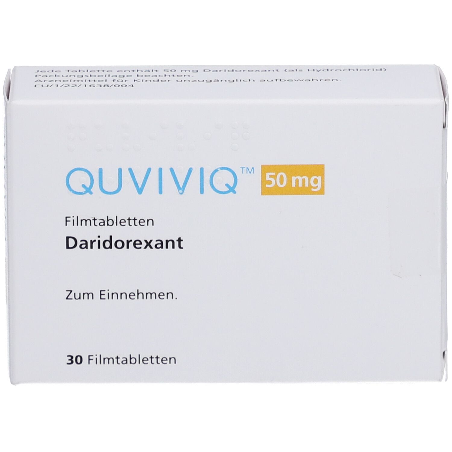 Weiße Schachtel mit QUVIVIQ 50 mg Filmtabletten. Aufdruck: Daridorexant, 30 Filmtabletten. Gelber Streifen mit 50 mg.