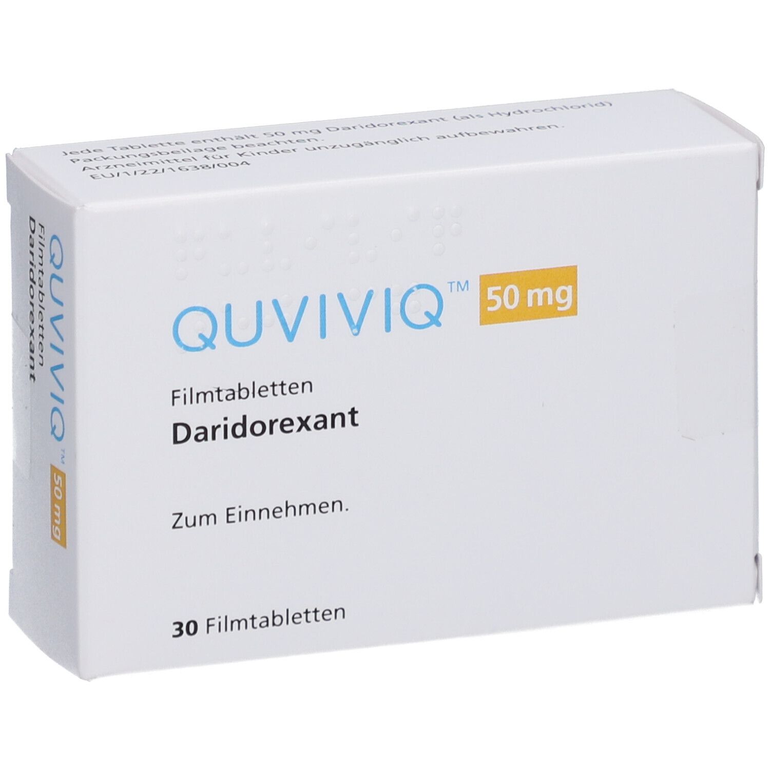 Schachtel QUVIVIQ 50 mg Filmtabletten, schräg. Aufdruck: Daridorexant, 30 Filmtabletten. Gelber Streifen mit 50 mg.