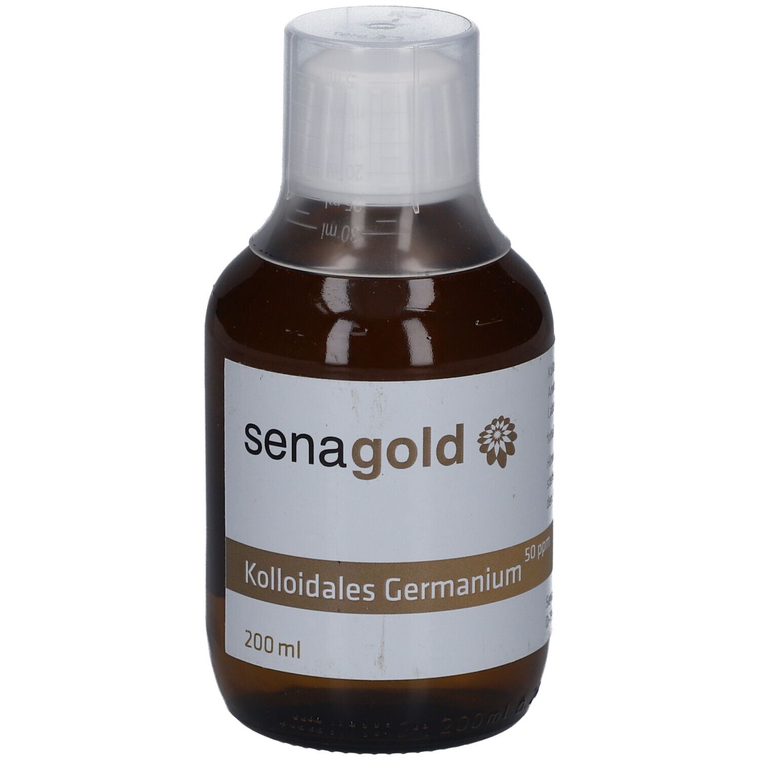 Braune Glasflasche mit weißem Etikett. Aufschrift: senagold, Kolloidales Germanium, 200 ml.