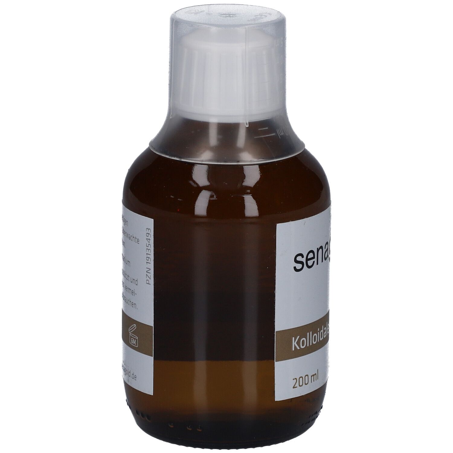 Braune Glasflasche mit weißem Etikett. Aufschrift: senagold, Kolloidales Germanium, 200 ml.