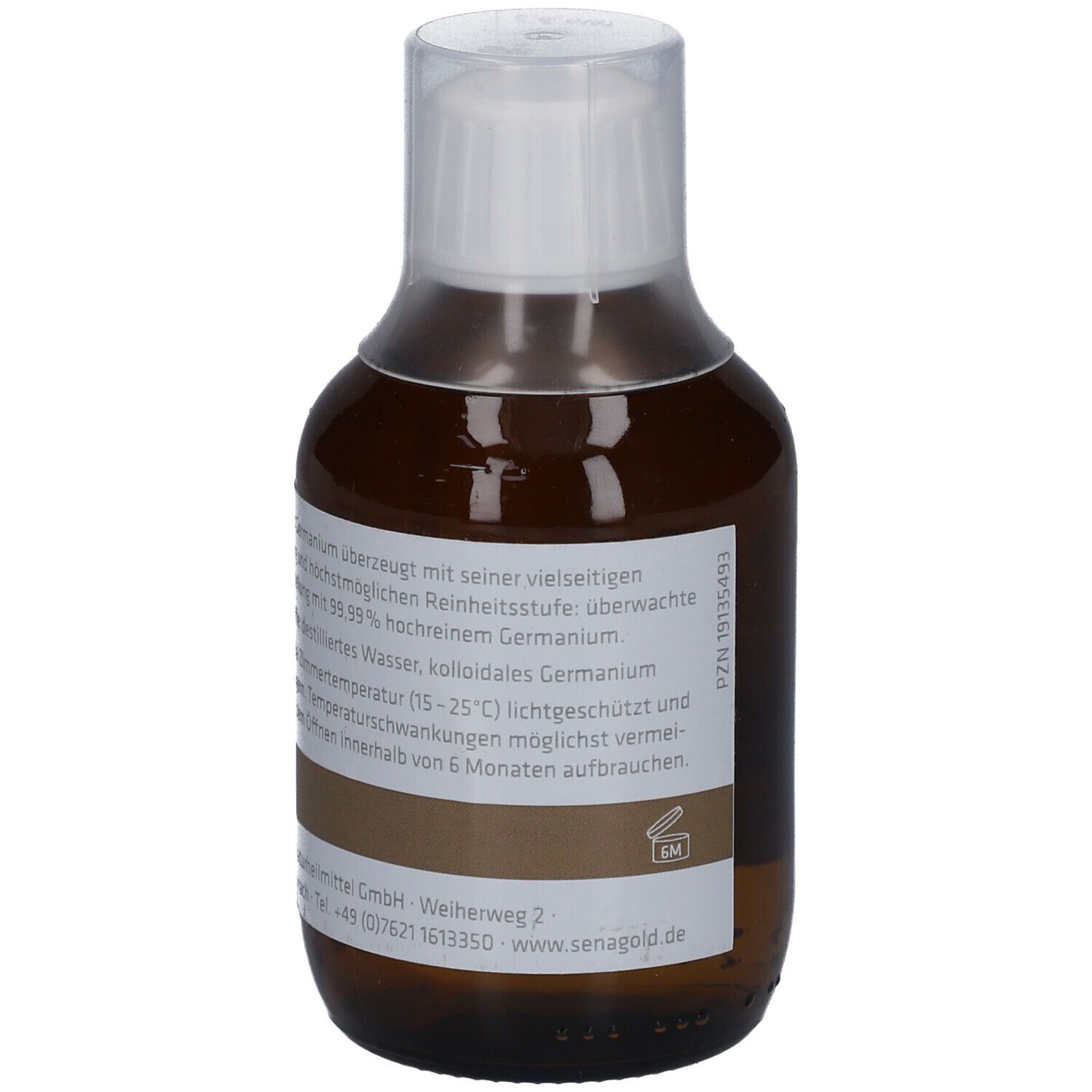 Braune Glasflasche mit weißem Etikett. Aufschrift: senagold, Kolloidales Germanium, 200 ml.