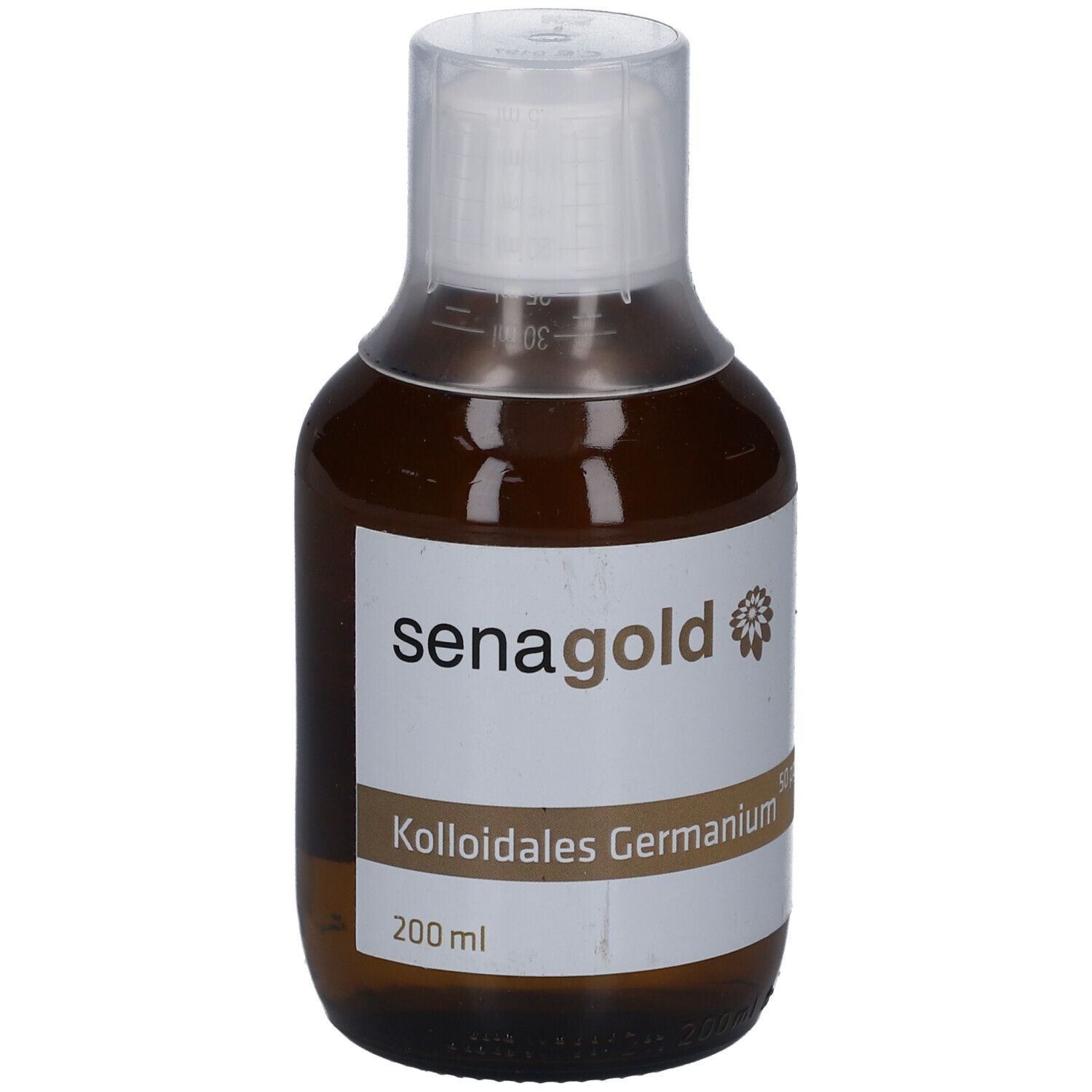 Braune Glasflasche mit weißem Etikett. Aufschrift: senagold, Kolloidales Germanium, 200 ml.