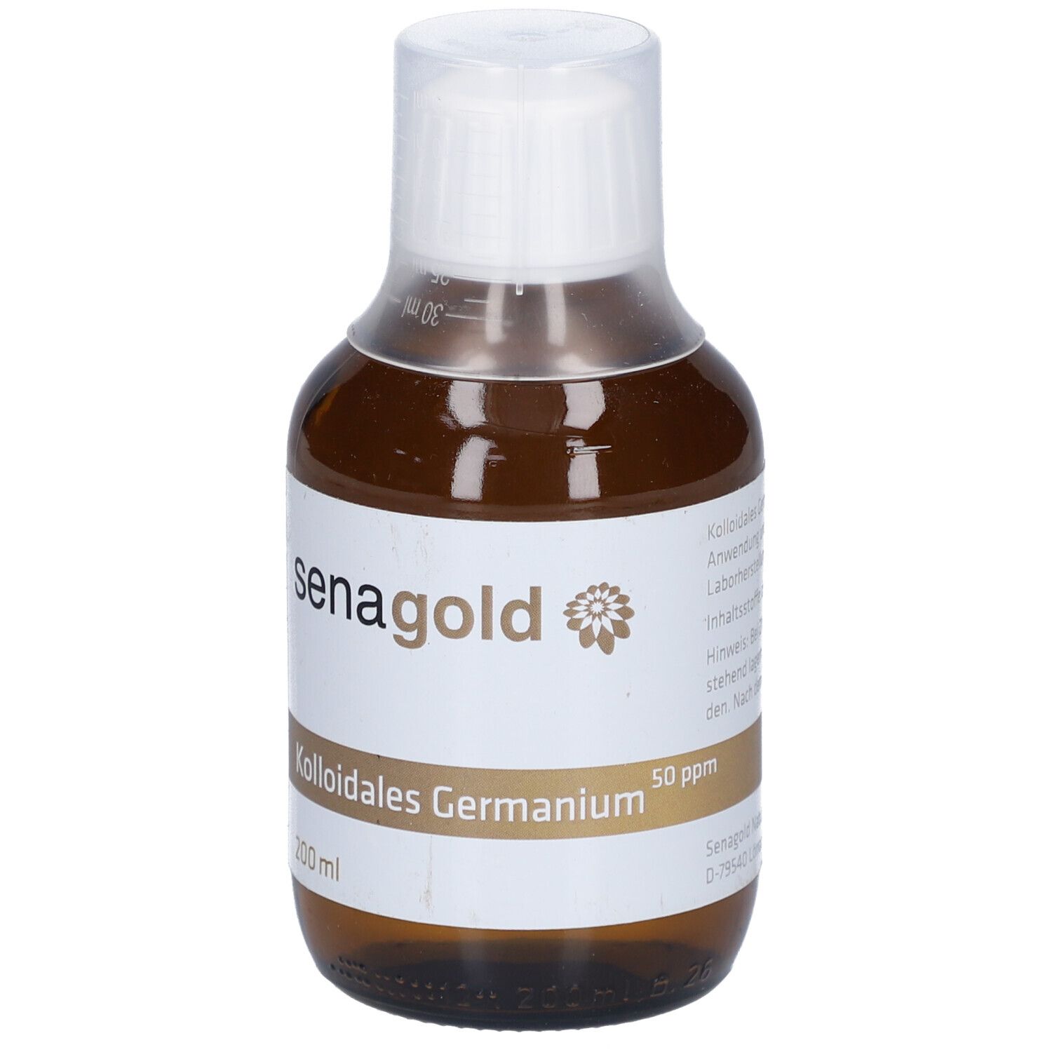 Braune Glasflasche mit weißem Etikett. Aufschrift: senagold, Kolloidales Germanium, 200 ml, 50 ppm.