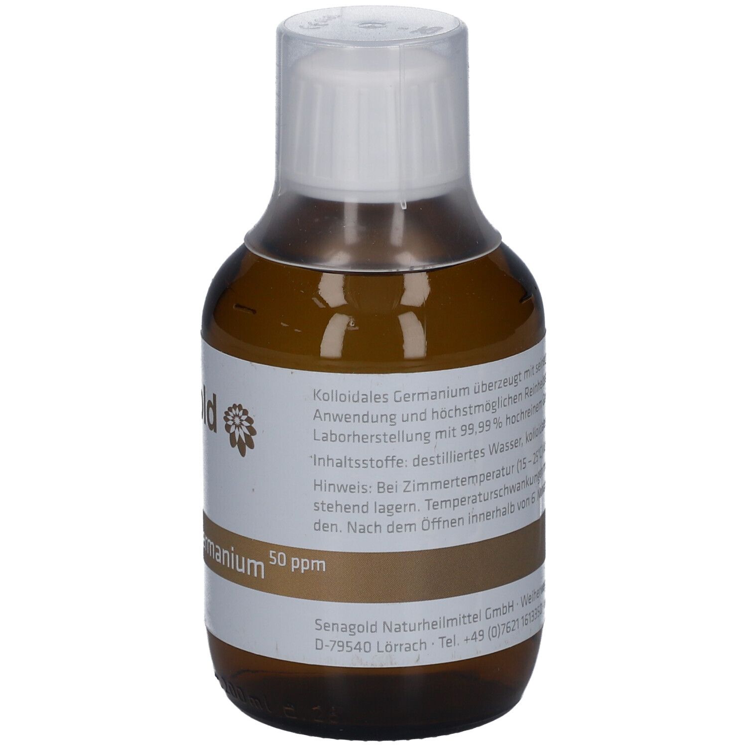 Braune Glasflasche mit weißem Etikett. Aufschrift: senagold, Kolloidales Germanium, 50 ppm.