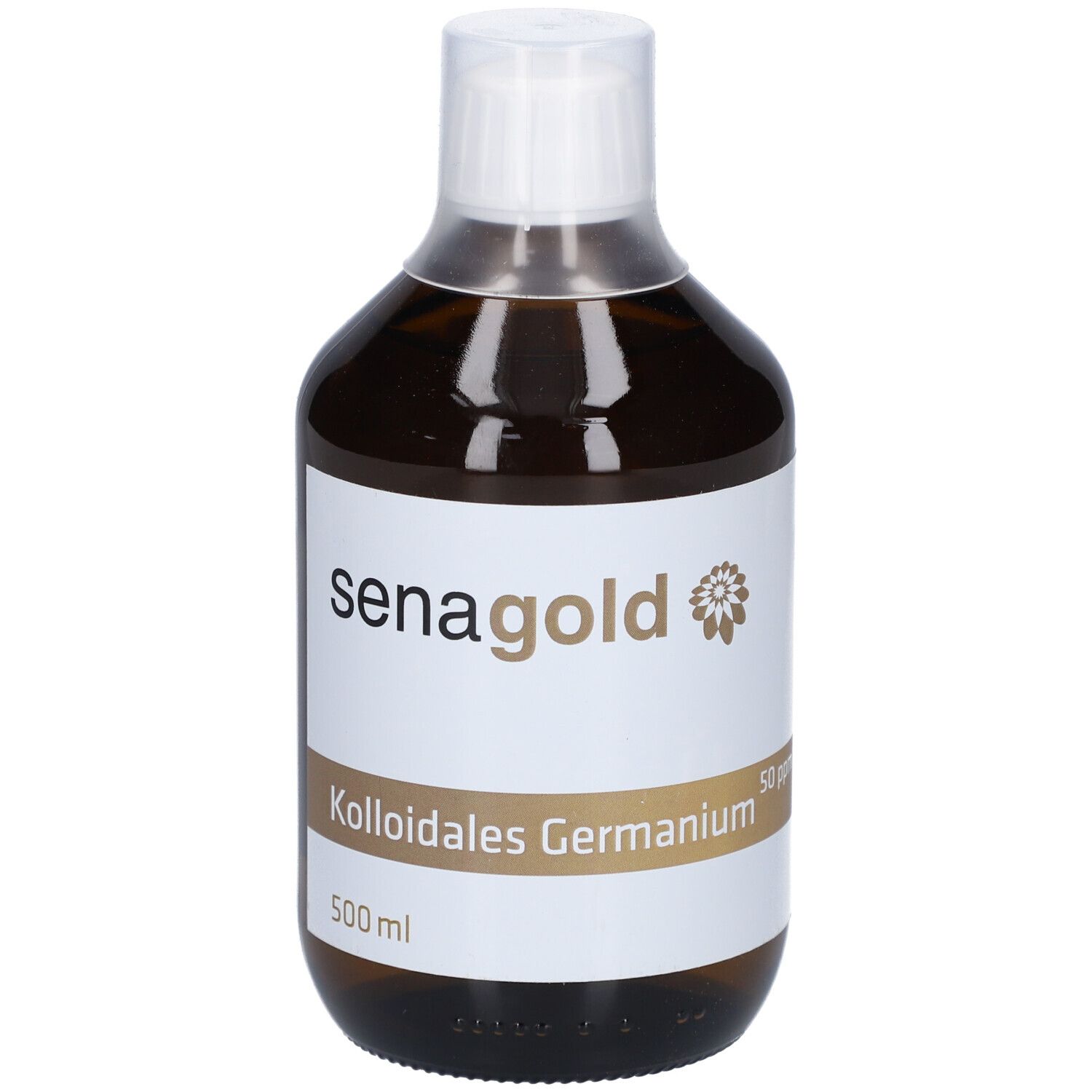 Braune Glasflasche mit weißem Etikett. Aufschrift: senagold, Kolloidales Germanium, 500 ml.