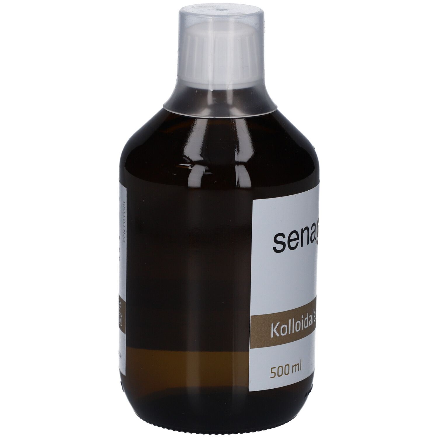 Braune Glasflasche mit weißem Etikett. Aufschrift: senagold, Kolloidales Germanium, 500 ml.